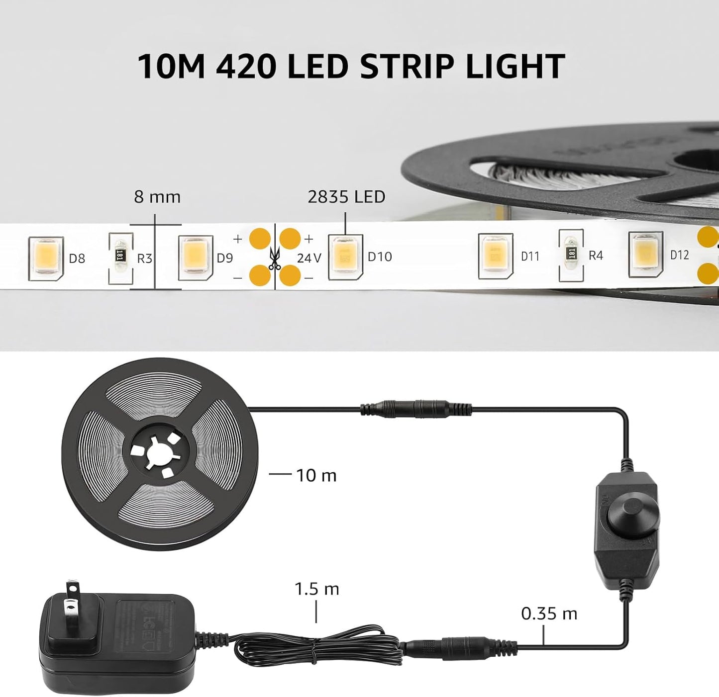 Lepro LED Strip Light, 32.8Ft Dimmable Vanity Lights, 6000K Super Bright LED Tape Lights, 600 LEDs SMD 2835, Strong 3M Adhesive, Suitable for Home, Kitchen, Under Cabinet, Bedroom, Daylight White
