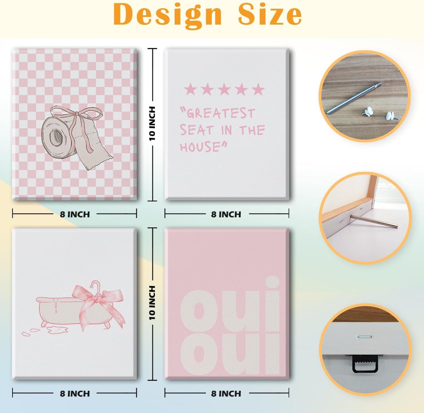 JINYO Coquette Pink Bow Trendy Bathroom Canvas Wall Art Framed Set of 4, Preppy Girly Aesthetic Pink Wall Decor Posters Pictures for Girls Bathroom Washroom Restroom, 8x10inch