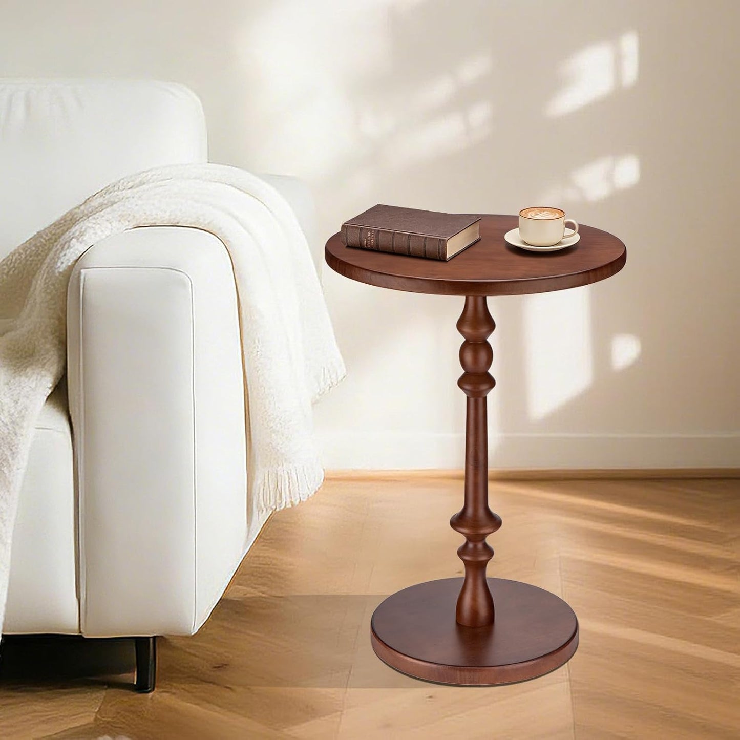 Solid Wood Round Side Table, 15.75" Small Drink Table with Non-Slip Pedestal Base, Modern End Table Accent Table for Living Room and Bedroom, Brown