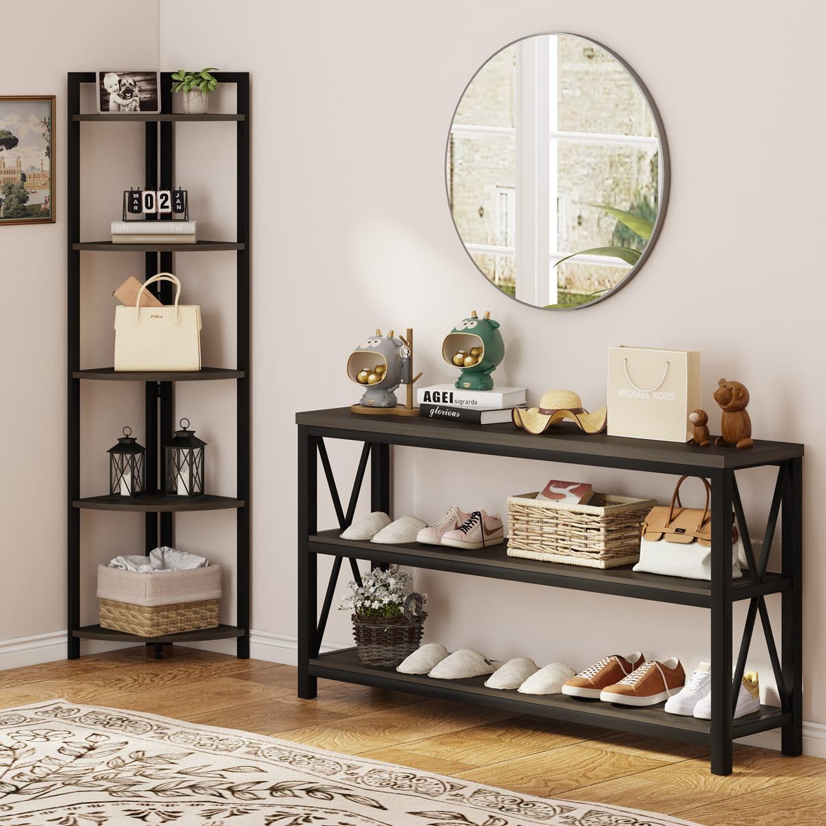 FATORRI Rustic Tall Corner Shelf, 5 Tier Industrial Corner Bookshelf for Living Room, Dark Wood and Metal Corner Plant Stand for Home Office (Walnut Brown)