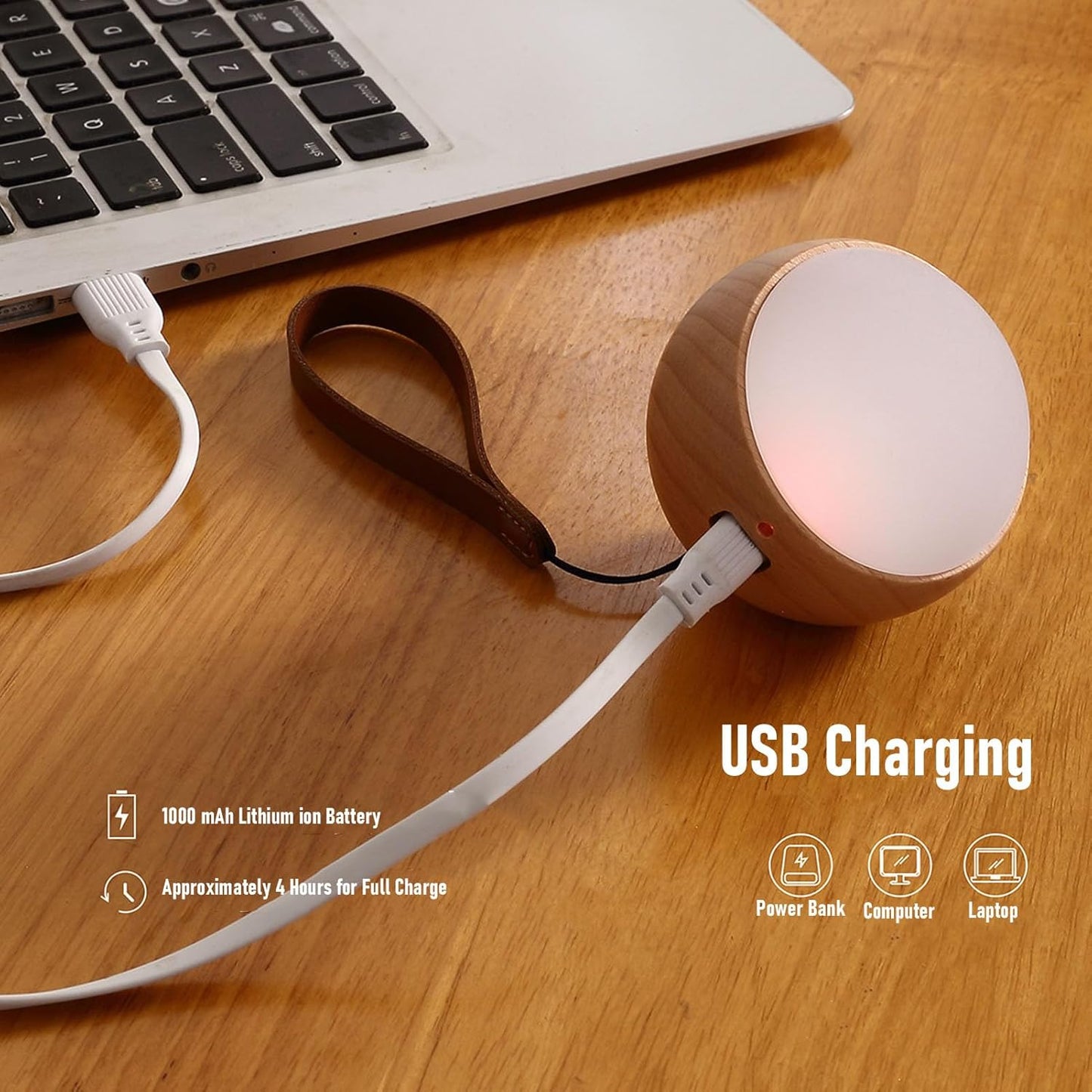ZJchao Wooden Voice Control Night Light 3 Brightness Levels USB Rechargeable Bedside Lamp with Hanging Strap for Bedroom Nursery Desk