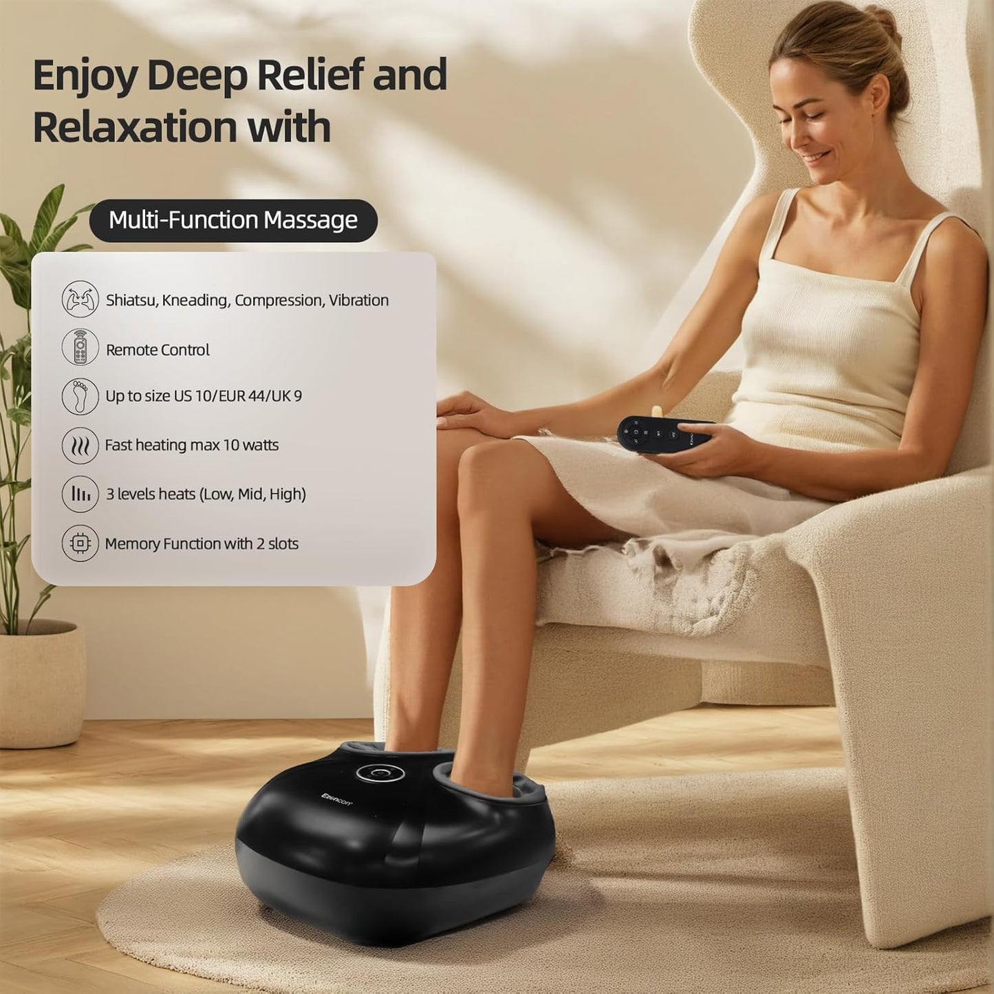 Heated Foot Massager with Shiatsu Kneading/Scraping/Vibration - 3 Modes, 4 Heat Levels, Remote & 2 Memory Slots - Fits US Size 5-11.5, Suitable for Home/Office After Long Standing