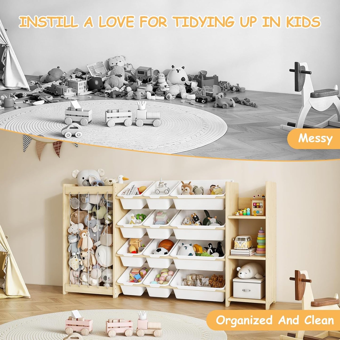 3-in-1 Toy Storage Organizer, Stuffed Animal Holder & 3-Tier Bookcase, Solid Wood Toy Organizer with 12 Storage Bins, Space-Saving Toy & Book Shelf for Kids Rooms, Bedroom, Playroom, White