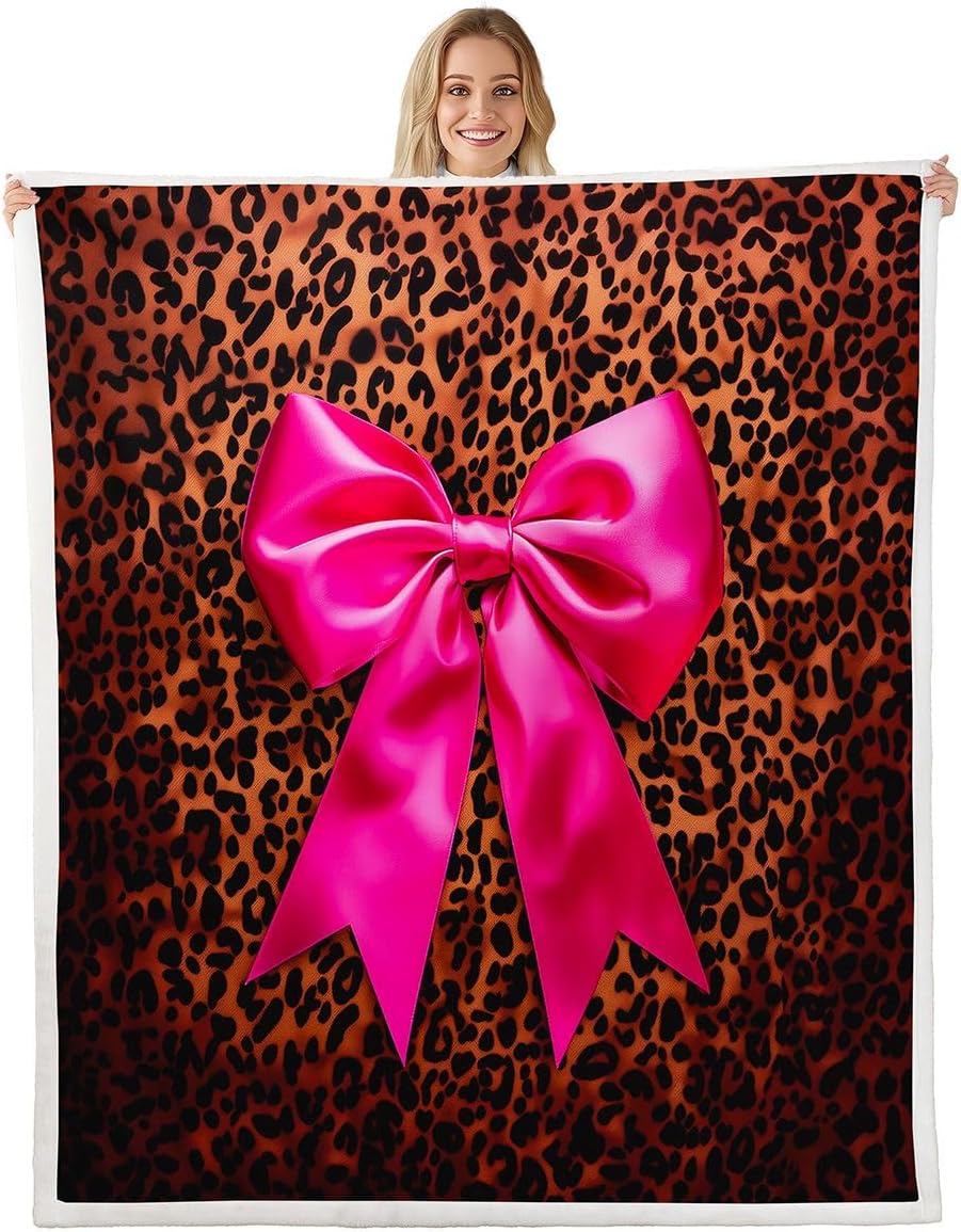 Pink Bowknot Woman Throw Blanket,Luxury Leopard Print Bed Plush Blanket for Living Room Decor,African Cheetah Skin Couch Bed Sofa Soft Cozy Kids Adults Teen Fleece 50"x60"