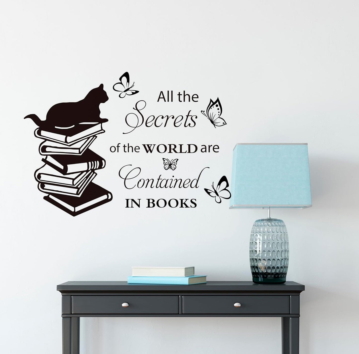 Reading Theme Wall Decal for Kid's Room , Cat Butterfly Books All the Secrets of World Inspirational Quotes Vinyl Removable Wall Stickers for Children Room Classroom Preschool