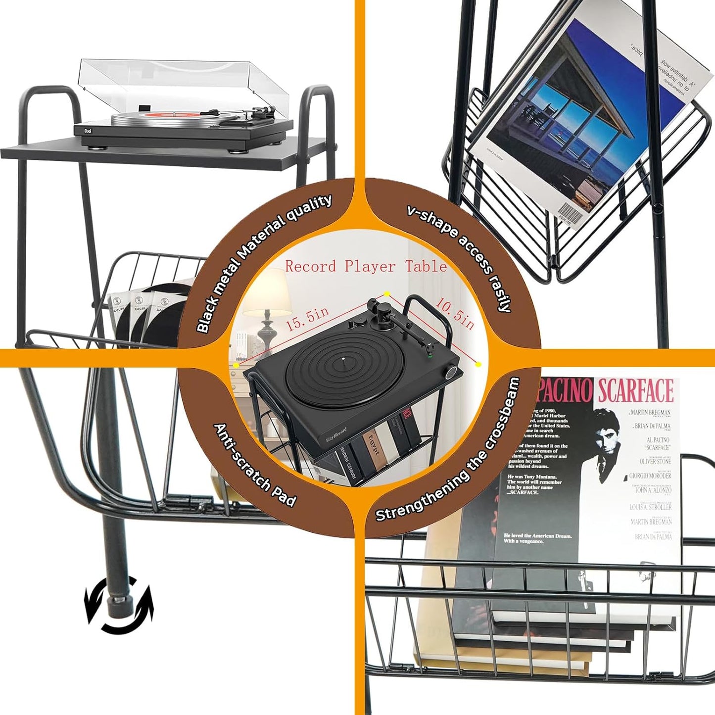 End Table, Metal Nightstand, Record Player Table with Magazine Holder, Record Player Stand with Storage, Side Table for Living Room, Bedroom for Small Spaces, Black
