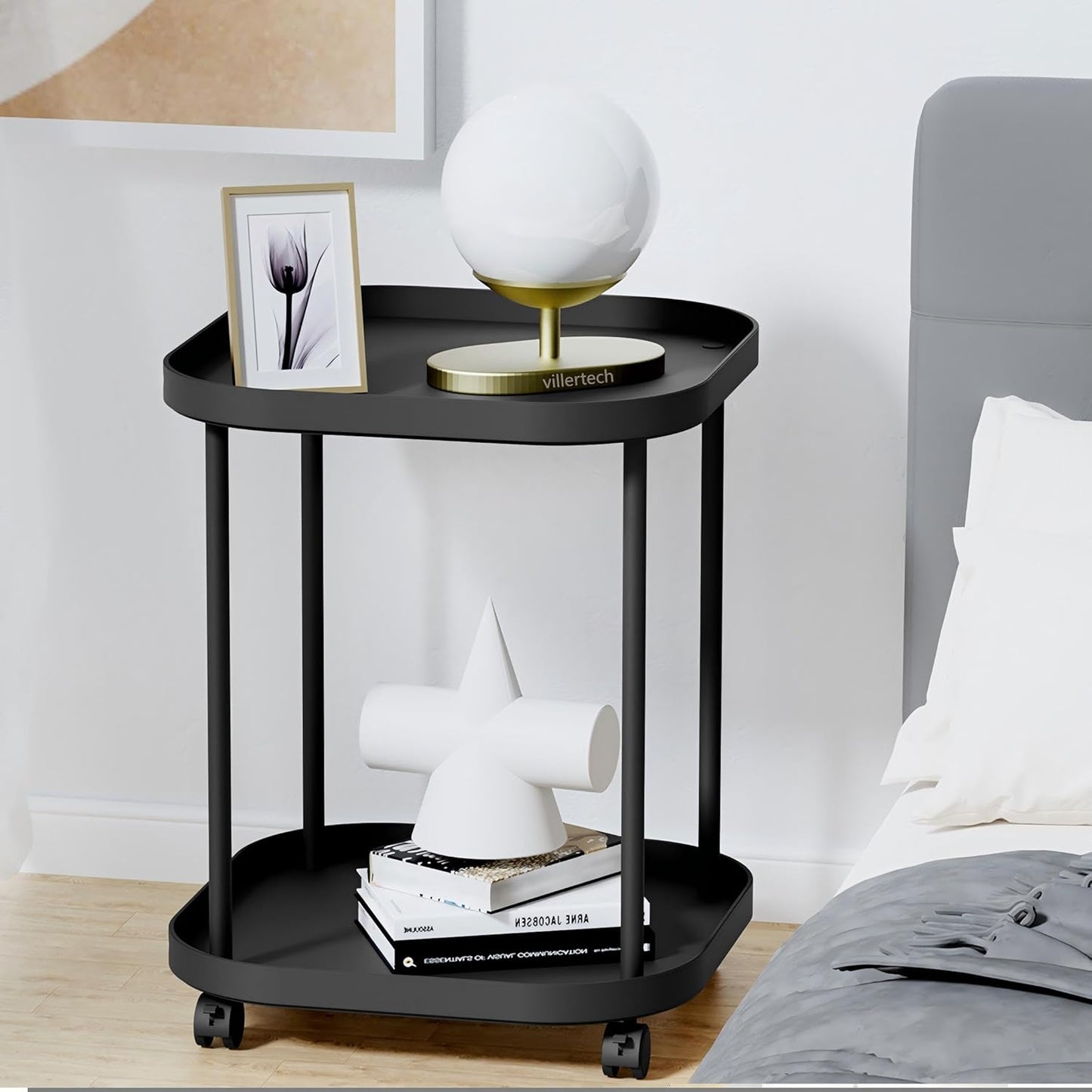 Side Table with Wheels, End Table Living Room Plastic Mobile Sofa Side Table Small Night Stand Bedroom Black