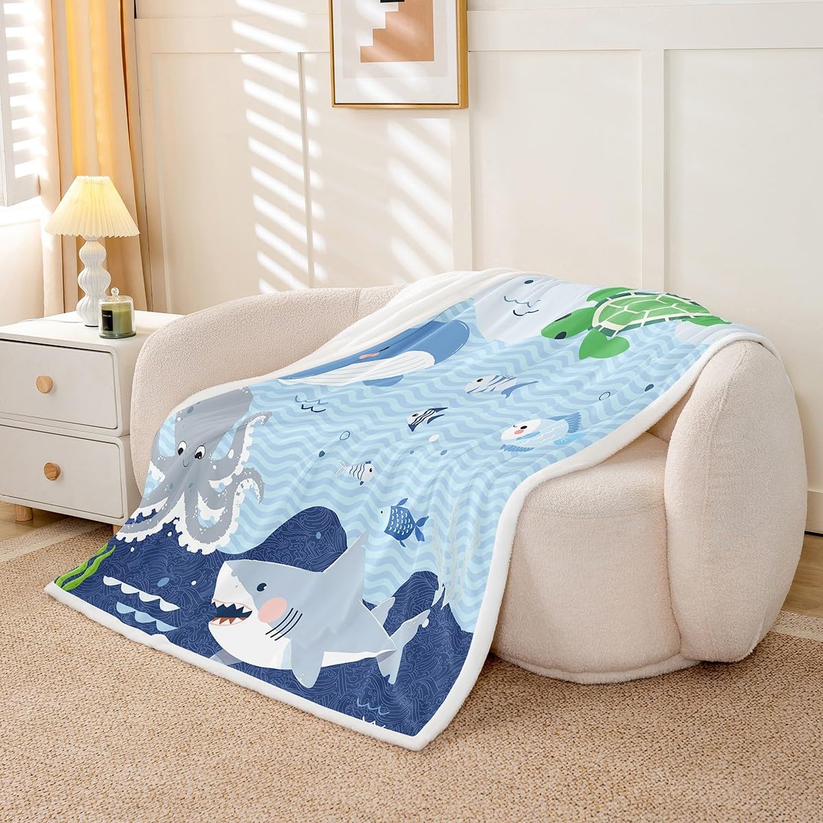 Shark and Whale Fleece Throw Blanket Super Soft Cozy Cartoon Sea Animal Sherpa Blanket for Kids Women Adults Octopus Turtle Plush Blanket Underwater World Fuzzy Blanket for Sofa Bed(30x40 Inches)