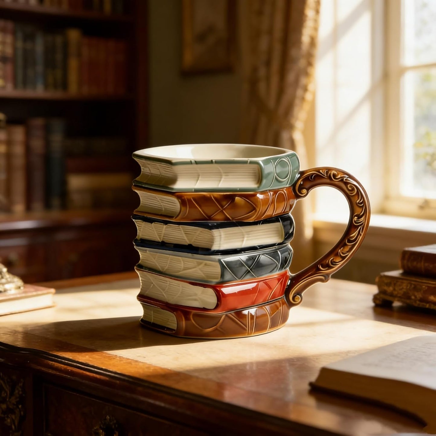 3D Painted Book Stack Coffee Mug, Hand Painted Ceramic Cup with Ornate Handle, Novelty Book Lover Gift, Multicolor Design (classic)