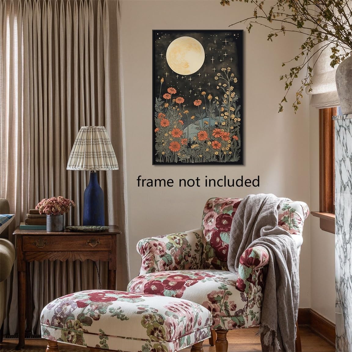 Vintage Moon Flowers Canvas Wall Art, Retro Mystical Celestial Moon Poster, Rustic Orange Yellow Wildflower Field Print, Cottagecore Ethereal Moonlight Botanical Floral Wall Decor 12x16in Unframed