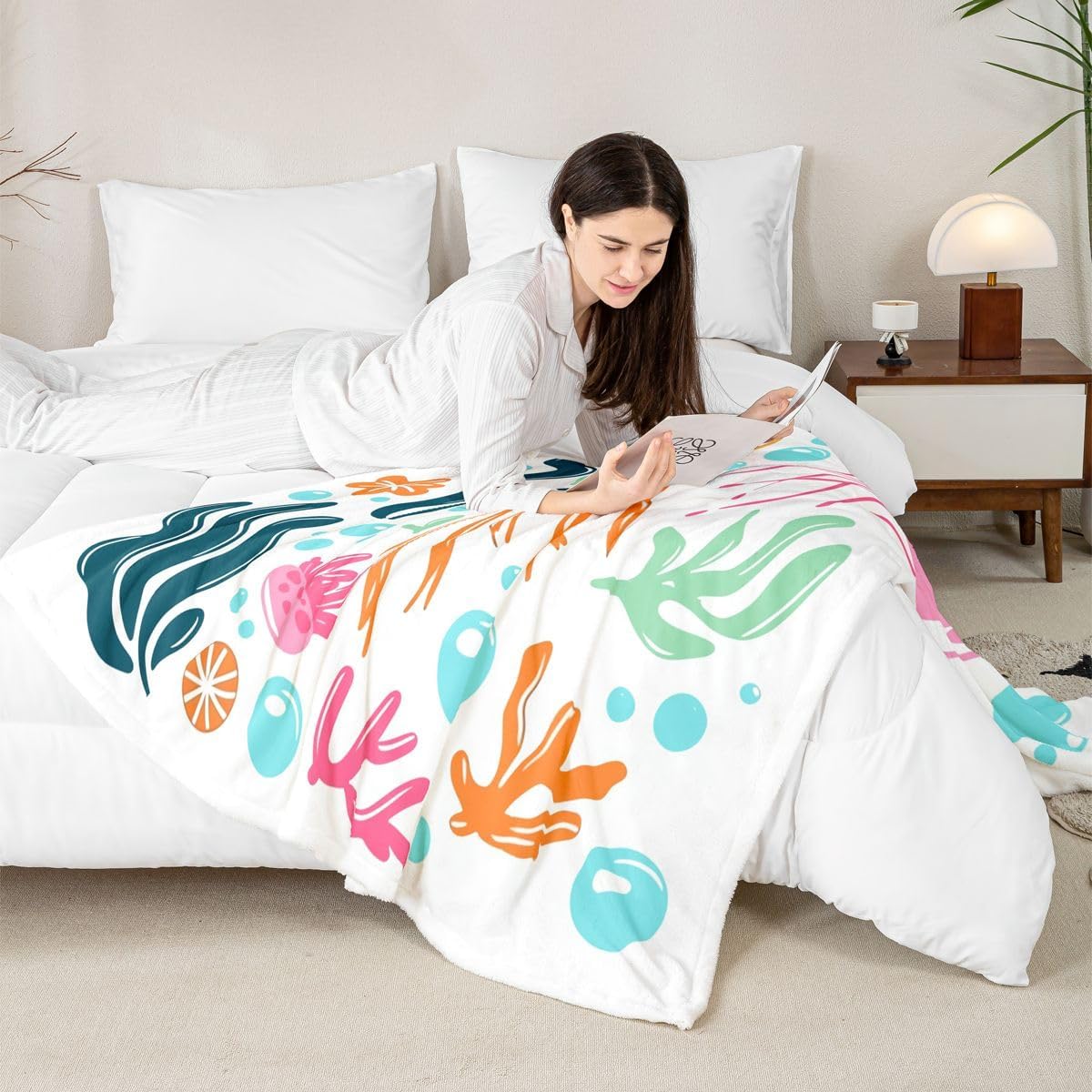 Feelyou Ocean Sherpa Throw Blanket for Couch Cute Super Soft Cozy Fleece Marine Life Sea Blanket for Winter, Plush Throw Sea Underwater World Throw 50"x60" Cartoon All Season