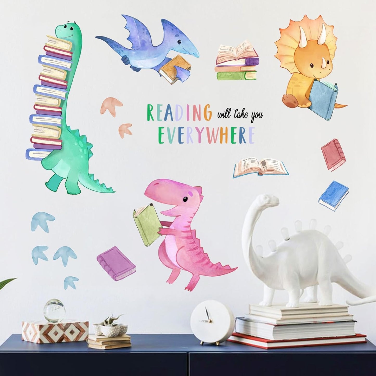 Yovkky Dinosaur Book Reading Corner Inspirational Wall Decals Stickers, Reading Will Take You Everywhere Toddler Nursery Classroom Decor, Positive Quote Home Decorations Kids Bedroom Study Room Art