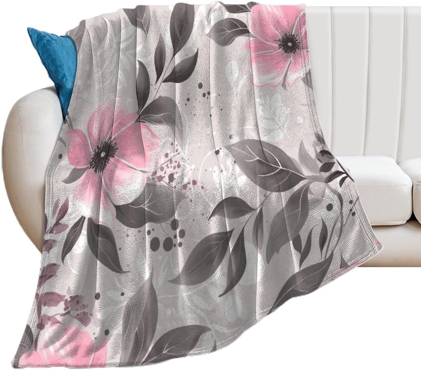 Pink Flowers And Leaves on Gray Blanket Super Soft Lightweight Throw Blanket Cute Cozy Warm Bed Blanket Decorative Fuzzy Blanket All-Season Home Decor Gift for Sofa Couch Living Room 50"*60"（130*150cm