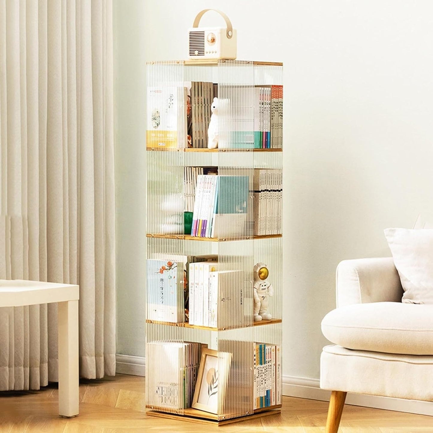 360° Rotating Bookcase - Clear Acrylic & Bamboo Freestanding Storage Shelf, Four-Tier Design for Bedroom, Living Room & Study, Stylish Striped Floor Stand Organizer
