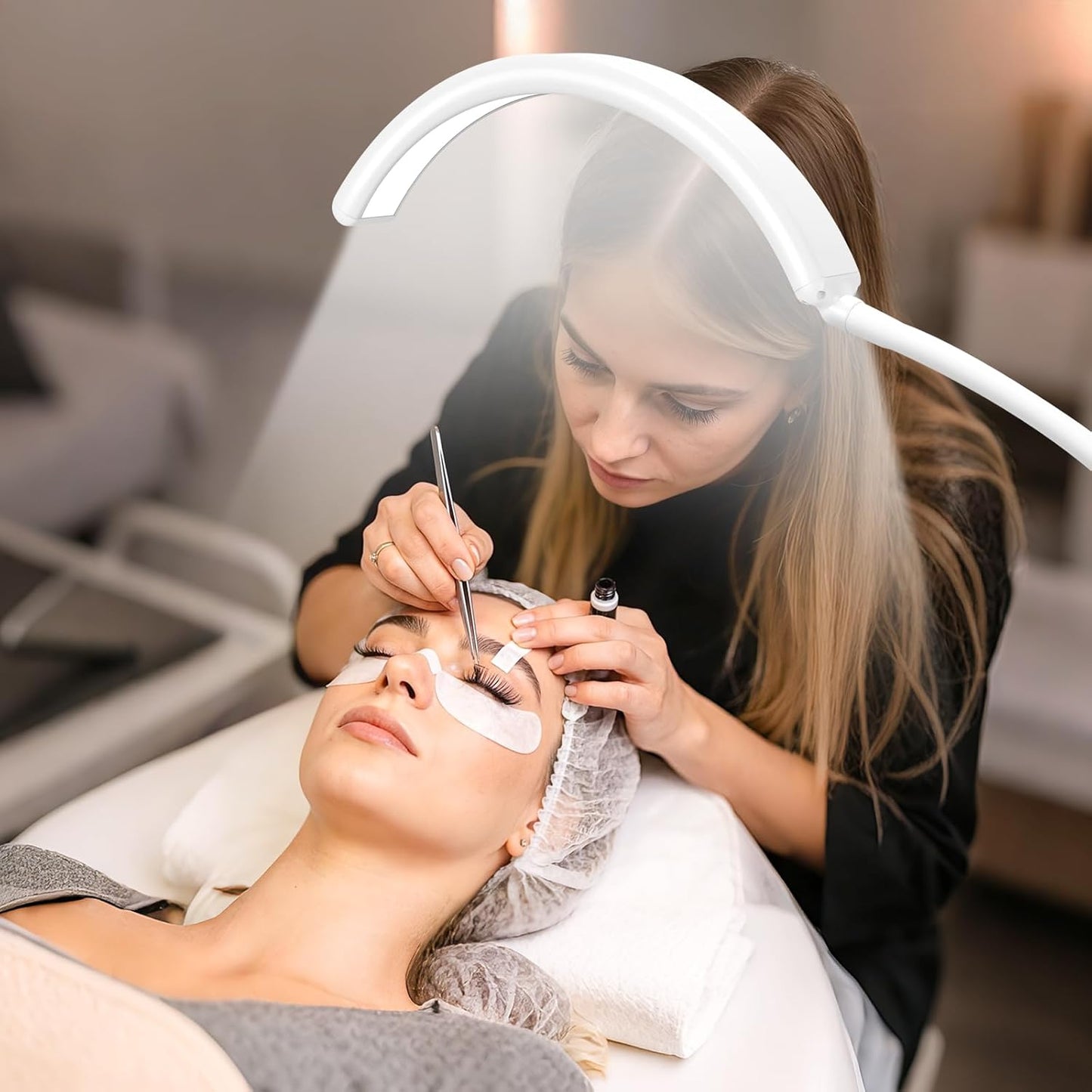 Half Moon Lash Light for Estheticians, LED Lamp for Eyelash Extensions, Nail Tech, Tattoo, Eye Caring Floor Reading Light for Study, Work & Crafts, Adjustable Color Temperatures & Brightness