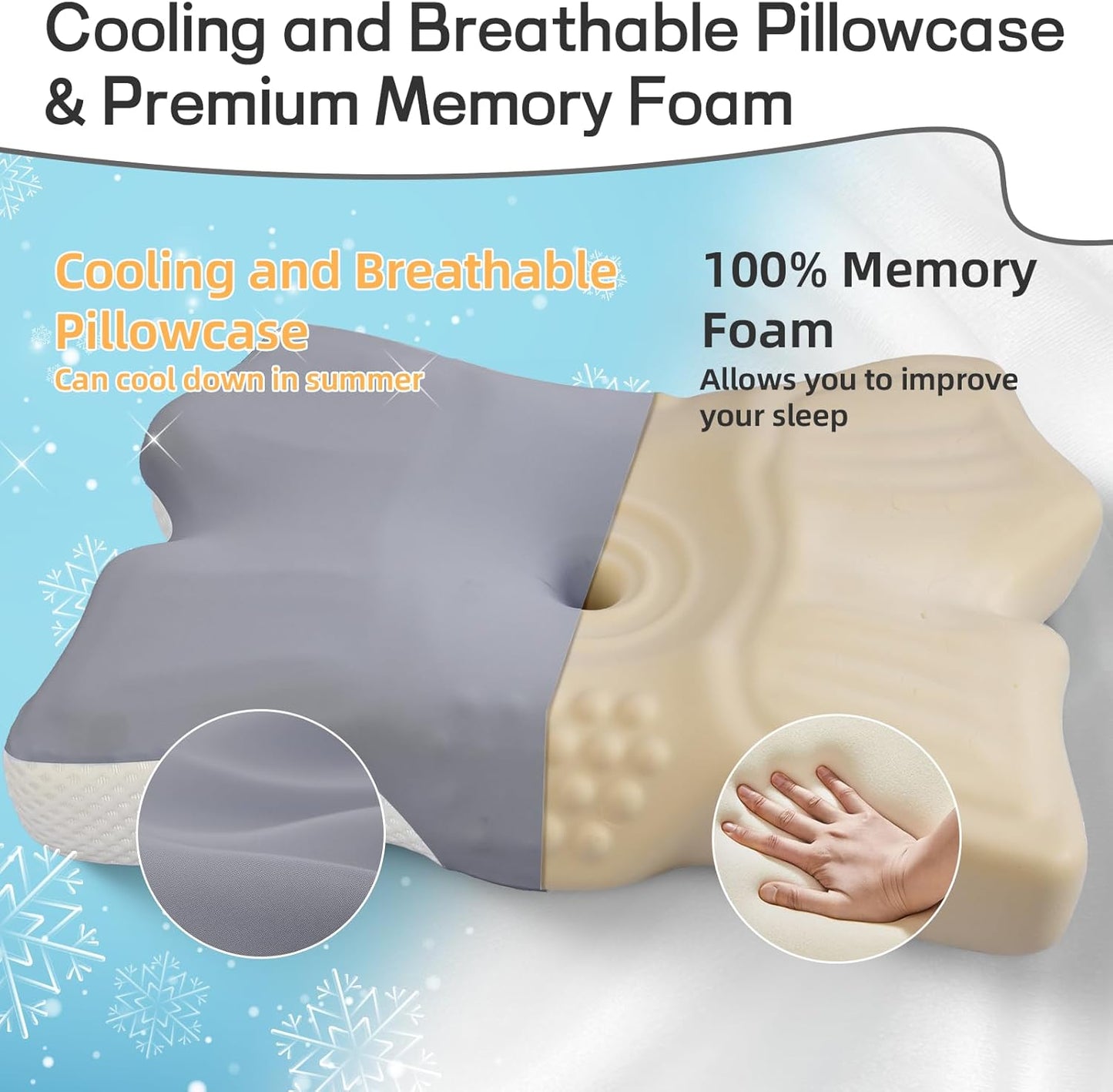 Cervical Neck Pillow for Pain Relief, Ergonomic Neck Support Pillow for Side Sleeper, Contour Memory Foam Pillows with Cooling Pillowcase Orthopedic Bed Pillow for Back Stomach Sleepers, Grey