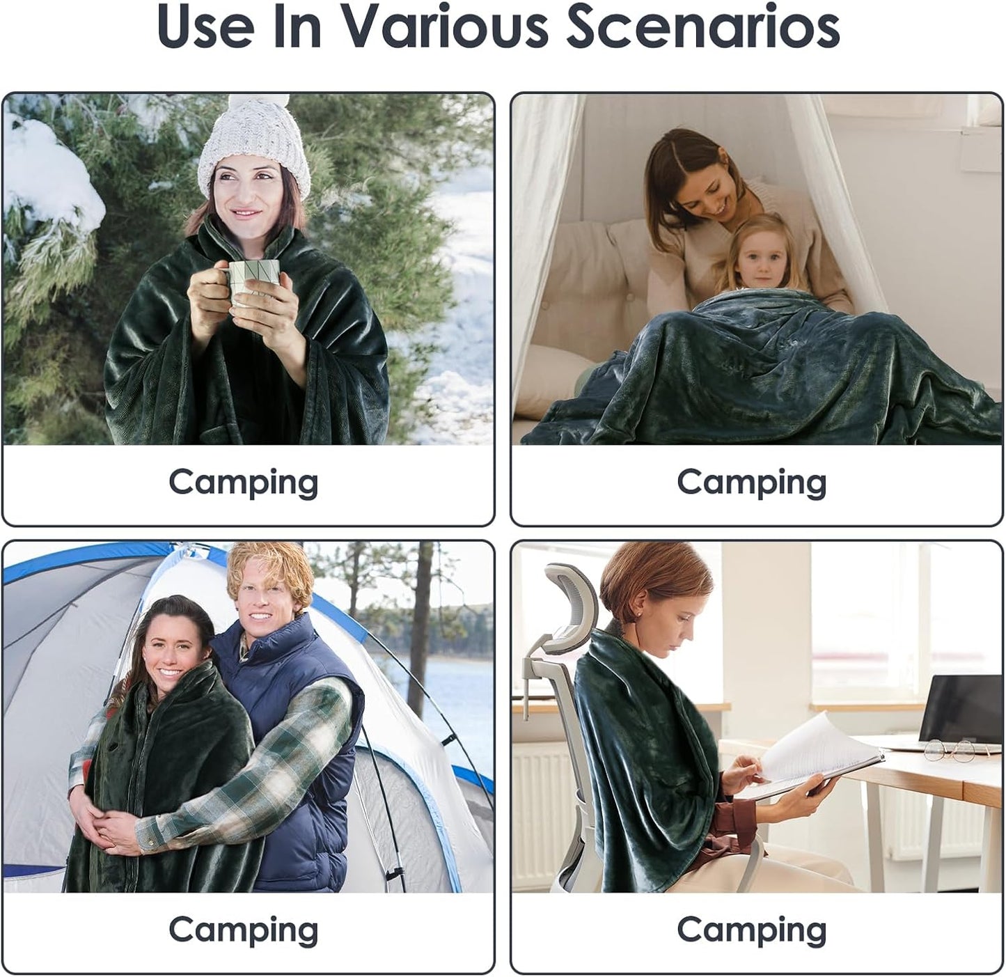 USB Heated Blanket Electric Throw, 59" x 31" Electric Heated Shawl Poncho Wrap Blanket with Zipper, Soft Cozy Flannel Gift Wearable Blanket for Car Office Home Travel, Standard