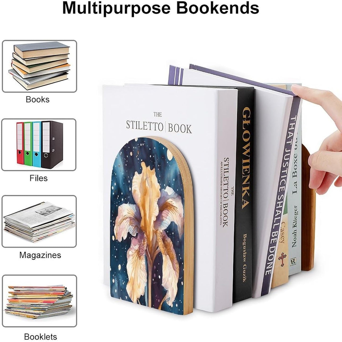 Iris Flower Image Bookend for Shelves Wooden Book End Large Size Sturdy Book Holders Stoppers with Metal Base for Bookshelves Slick Decorative Bookends Stands
