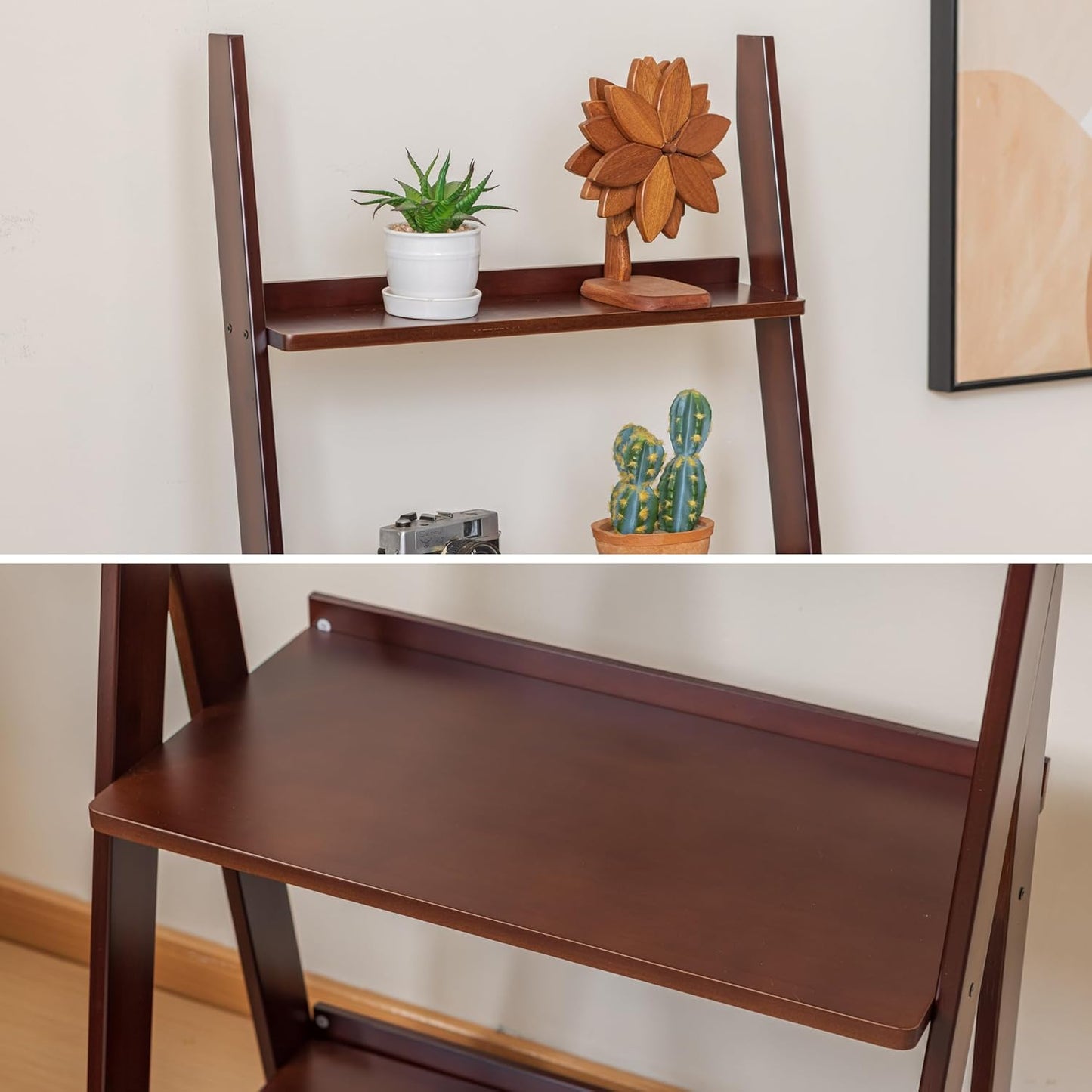 DOUSY-5-Tier Ladder Shelf Bookcase, Bamboo Ladder Bookshelf Leaning Book Shelf, Freestanding Storage Shelf Boho for Living Room, Home Office, Bedroom, Balcony, Walnut