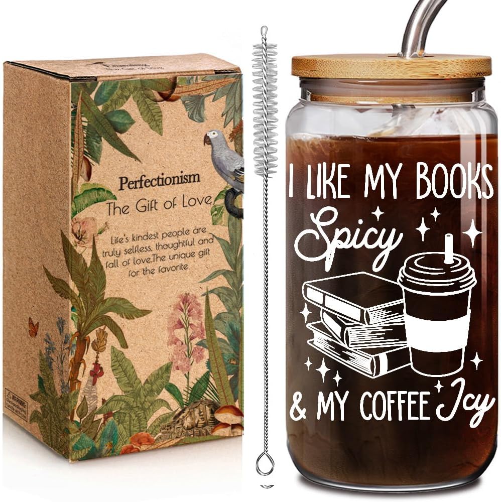 Cute Spicy Readers Book Lovers 16oz Coffee Glass Cups with Lids and Straws Gifts for Books Lovers Women Acotar Readers Bookworm, I Like My Books Spicy & My Coffee Icy Bookish Book Mugs Acotar Gift