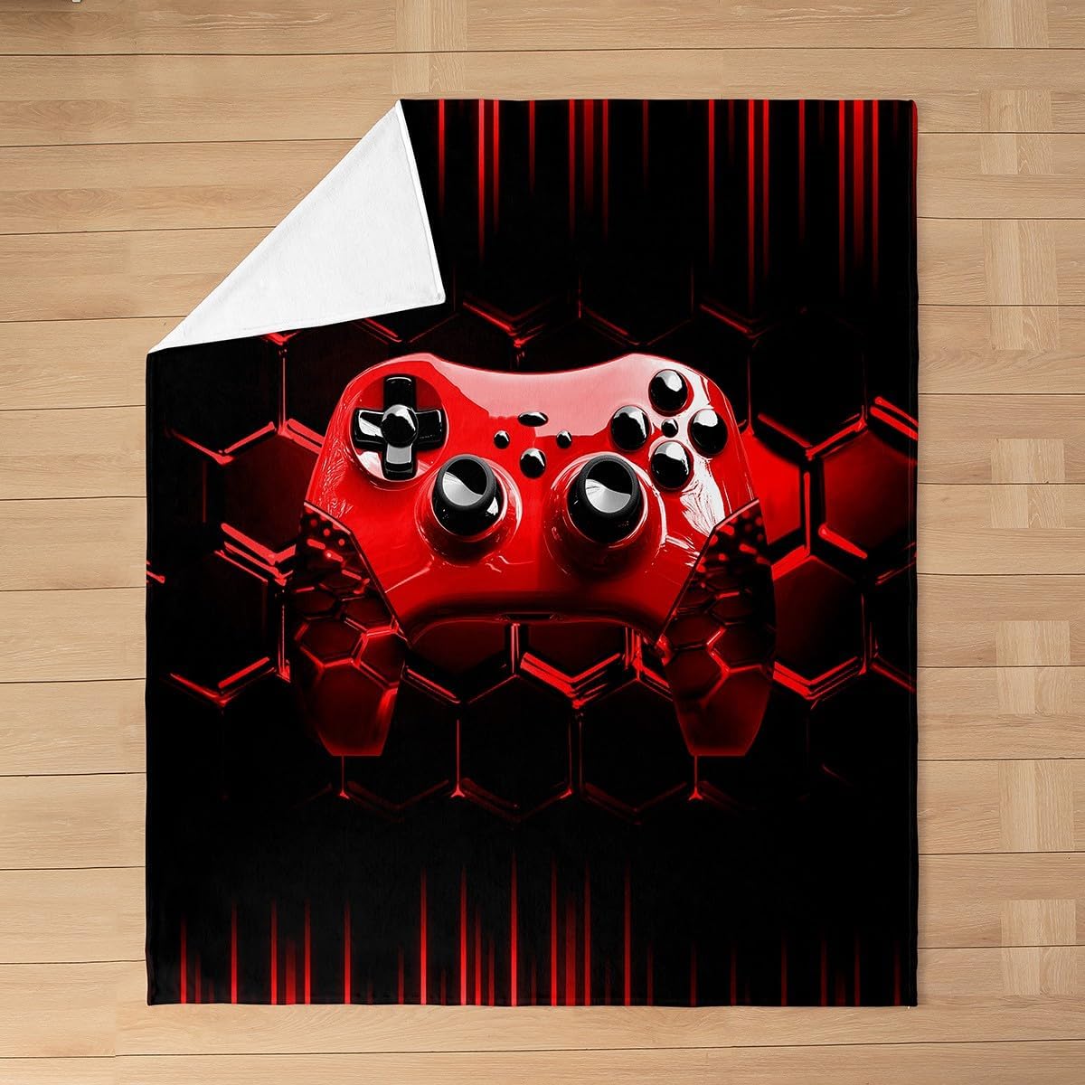 Erosebridal Kids Gamer Blanket Twin 60x80 for Boys,Gaming Throw Blanket for Girls Kids,Cool Video Game Black Flannel Blanket,Red Geometric Honeycomb Sherpa Blanket All Season Gamepad for Chairs