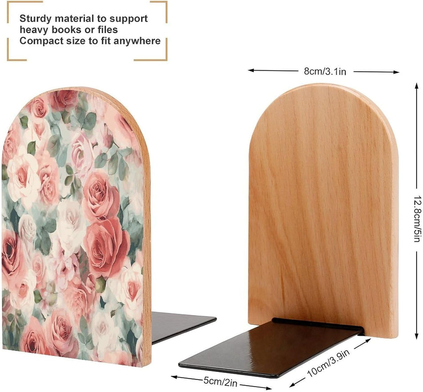 Soft Color Pale Faded Mix of Roses Bookends 1 Pair Heavy Duty Book Ends for Shelves Non-Skid Bookend Supports Wooden Book Holders with Metal Base Desk Organizers Books Storage to Hold Books