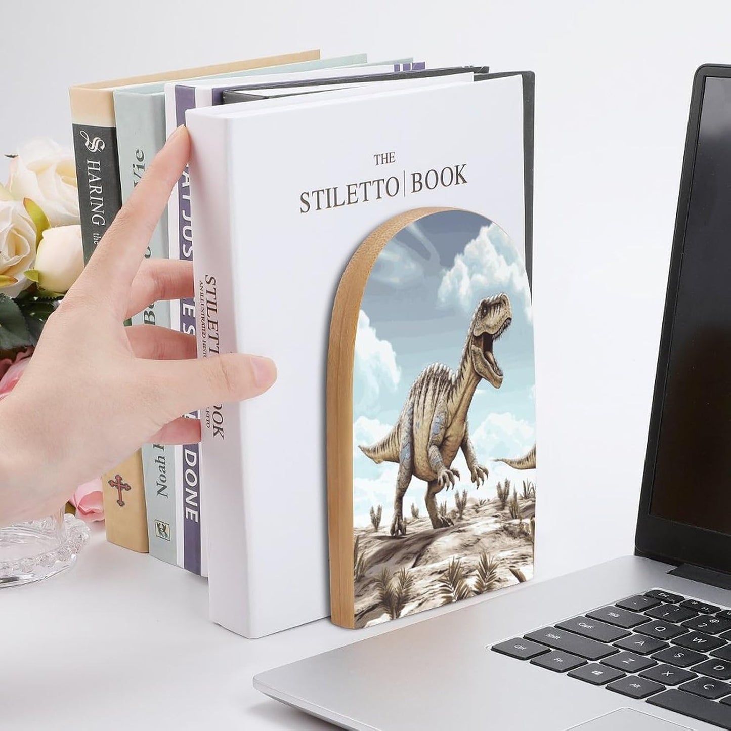 Dinosaur Walking Dinosaur Walking Bookend for Shelves Wooden Book End Large Size Sturdy Book Holders Stoppers with Metal Base for Bookshelves Slick Decorative Bookends Stands