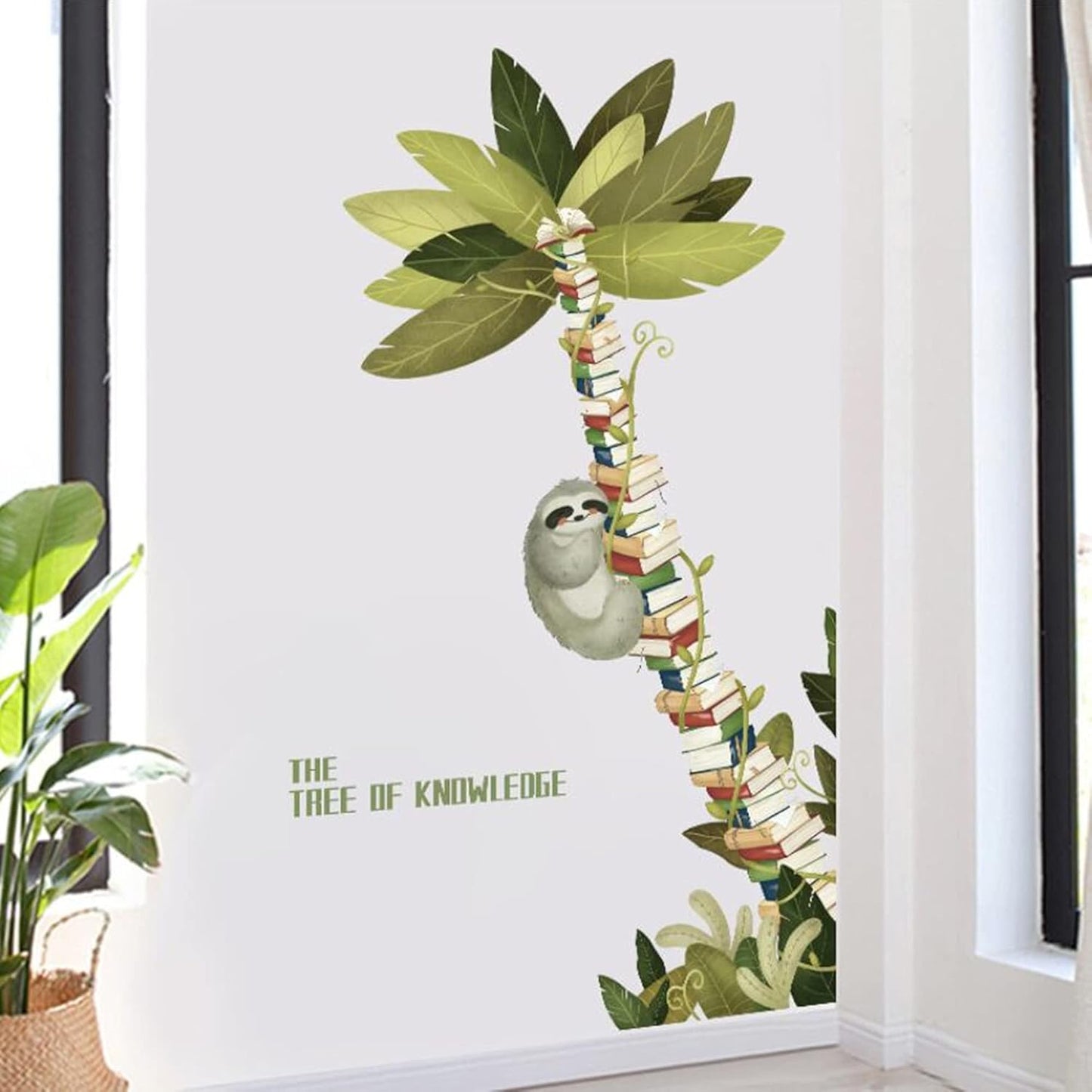 ROFARSO Large Tree Sloth Books Vinyl Wall Stickers Removable PVC Wall Decals Art Decorations Decor for School Library Bedroom Living Room Murals