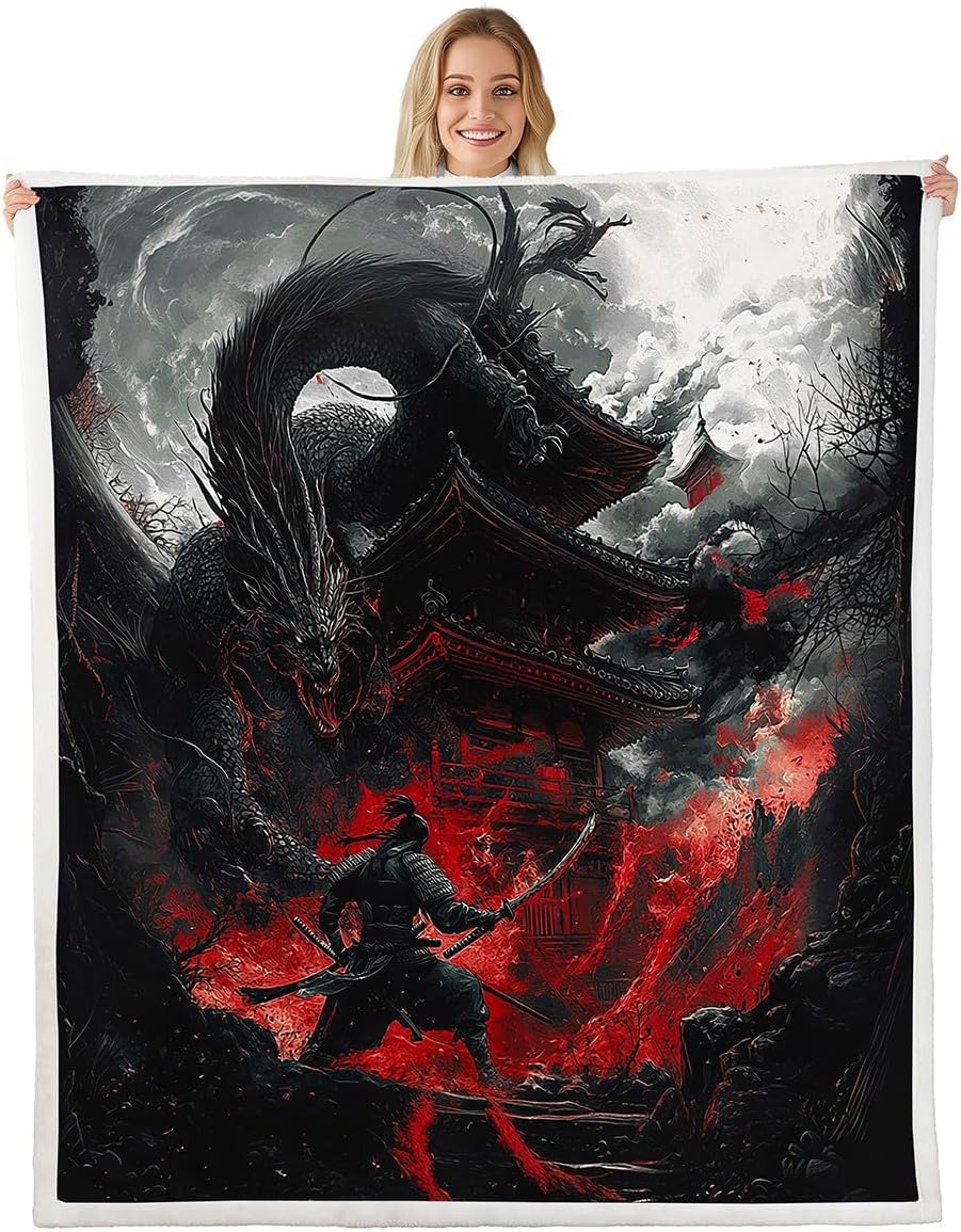 Feelyou Dragon Fleece Throw Blanket Queen 90"x90" Japanese Style Plush Blanket for Boys Girls Teens Samurai Sherpa Blanket Dragon Decor Fuzzy Blanket Room Decor Black Red Flannal Blanket