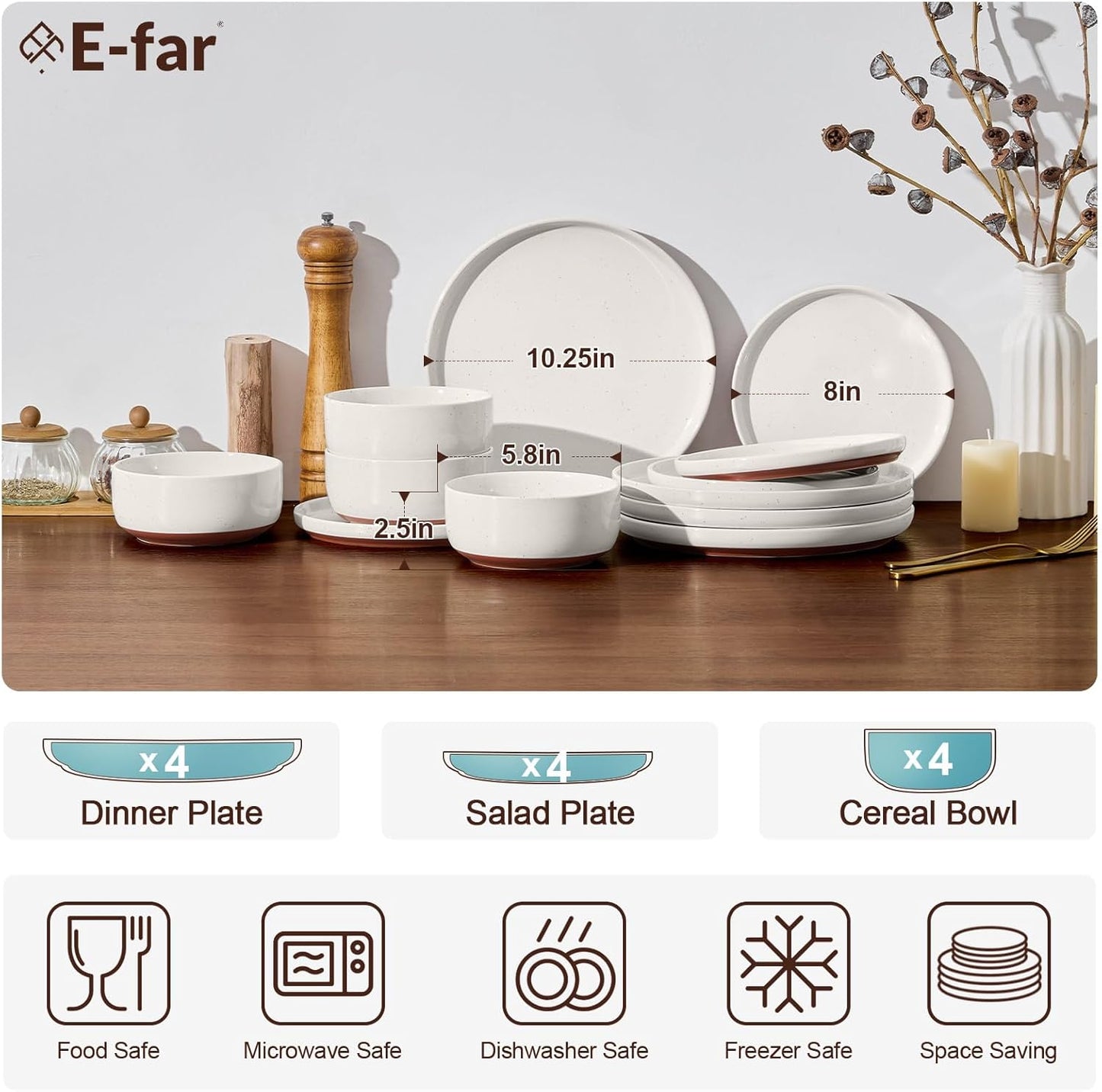 E-far 12-Piece Stoneware Dinnerware Sets, Plates and Bowls Sets for 4, Ceramic Dishware Dishes Set with Terracotta Base, Chip & Scratch Resistant, Microwave & Dishwasher Safe, Speckled White