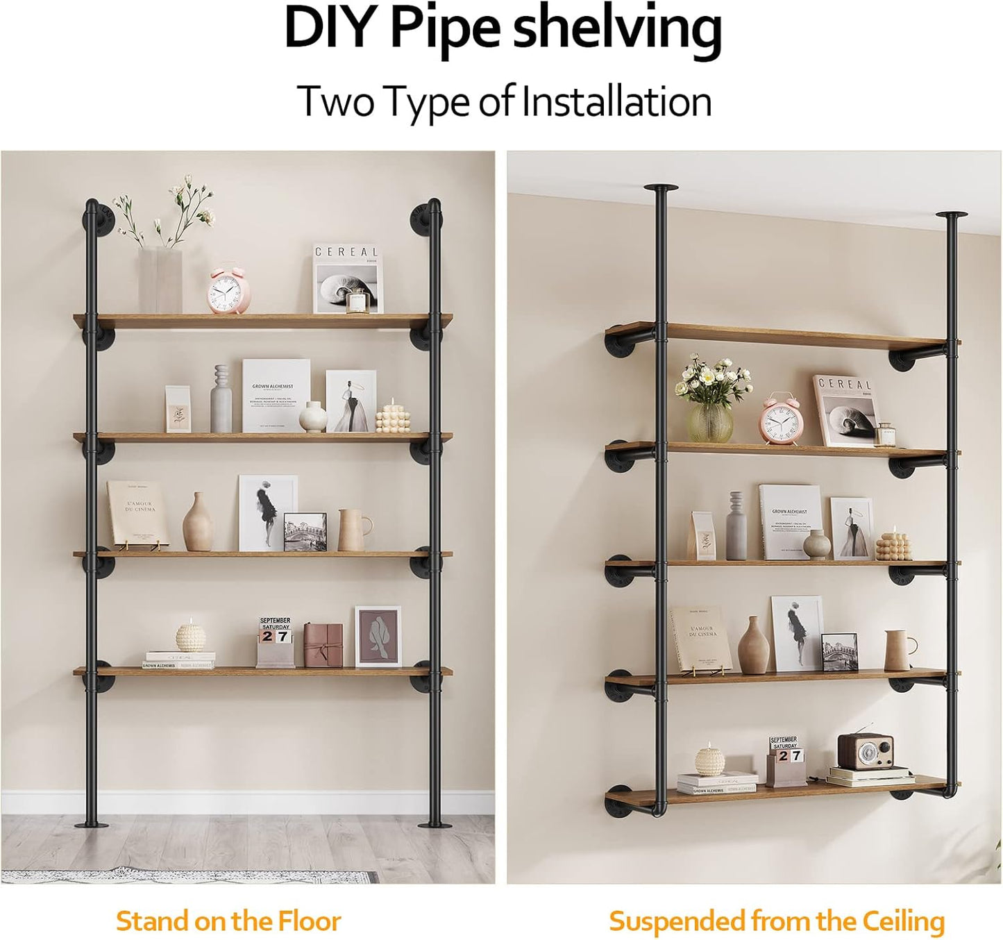 Industrial Iron Pipe Shelf Wall Mount, Farmhouse DIY Open Bookshelf, Pipe Shelves for Kitchen Bathroom, bookcases Living Room Storage, 2Pack of 5 Tier