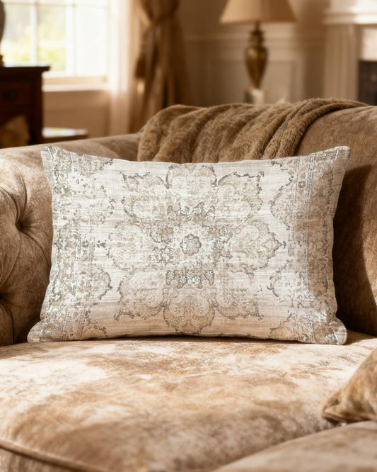 Lumbar Pillow Cover 12x20 – Neutral Boho Medallion Rug Pattern Cushion Cover, Vintage Distressed Beige Throw Pillow Case for Couch, Sofa, Bed, Farmhouse Decor