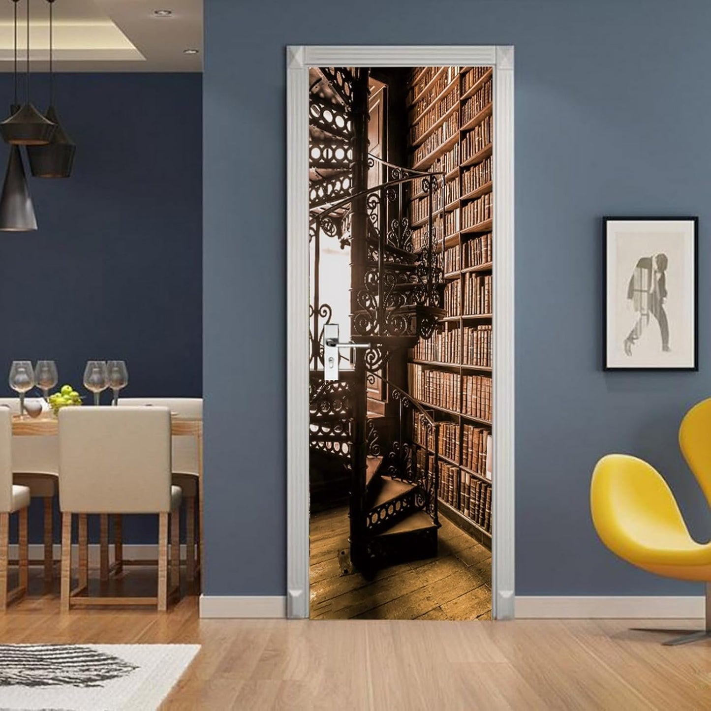 3D Door Stickers for Interior Doors Bookshelf with Books and Spiral Staircase in an Old Library Vinyl Waterproof Self Adhesive Door Mural Decals for Bedroom Office Bathroom 77 x 200cm