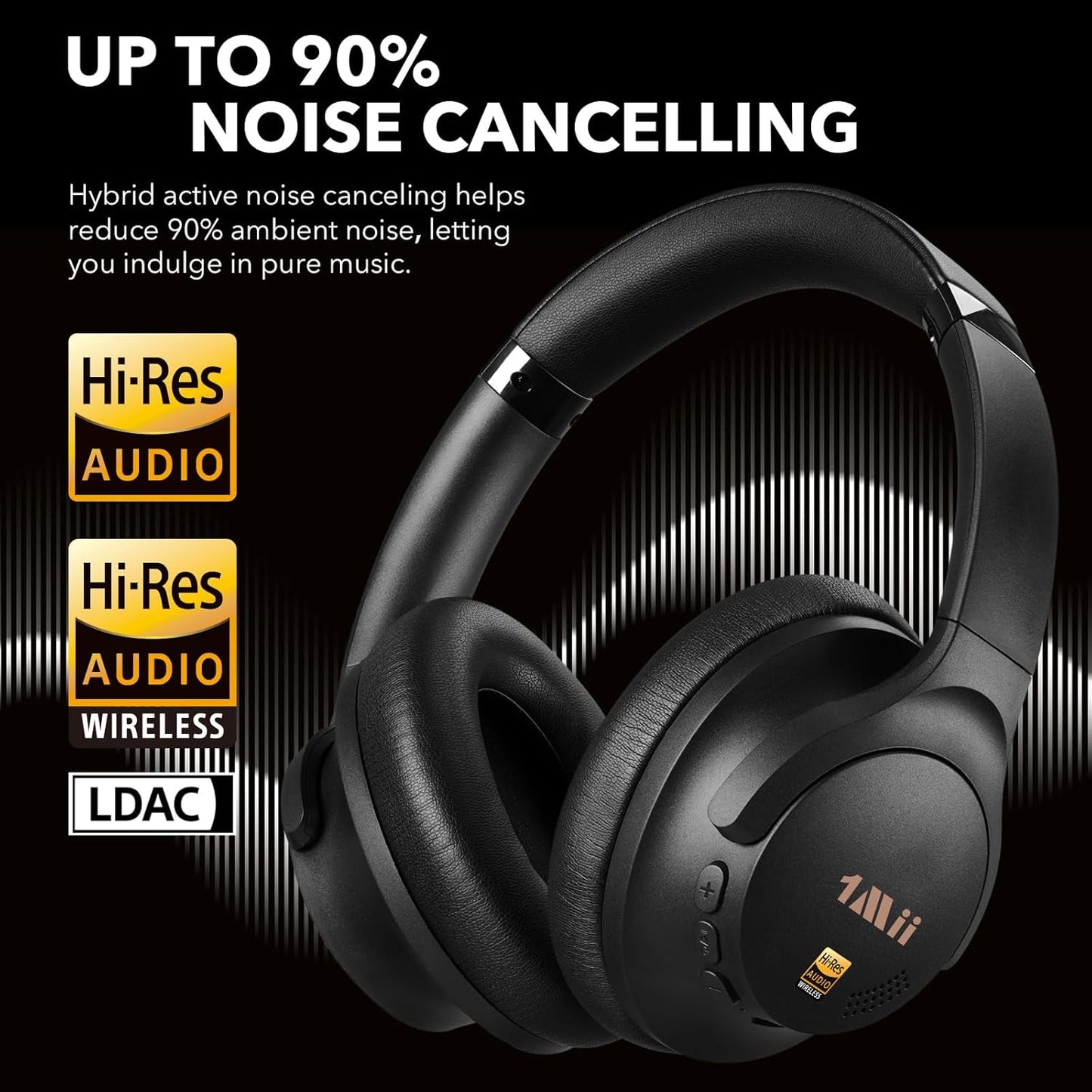1Mii Y8+ Hybrid Active Noise Cancelling Headphones, 100H Ultra Playtime, Bluetooth 6.0 Over Ear, Wireless Hi-Res Audio & Deep Bass, Comfort for Travel & Home Office, AI Chat & Custom EQ via APP, Black