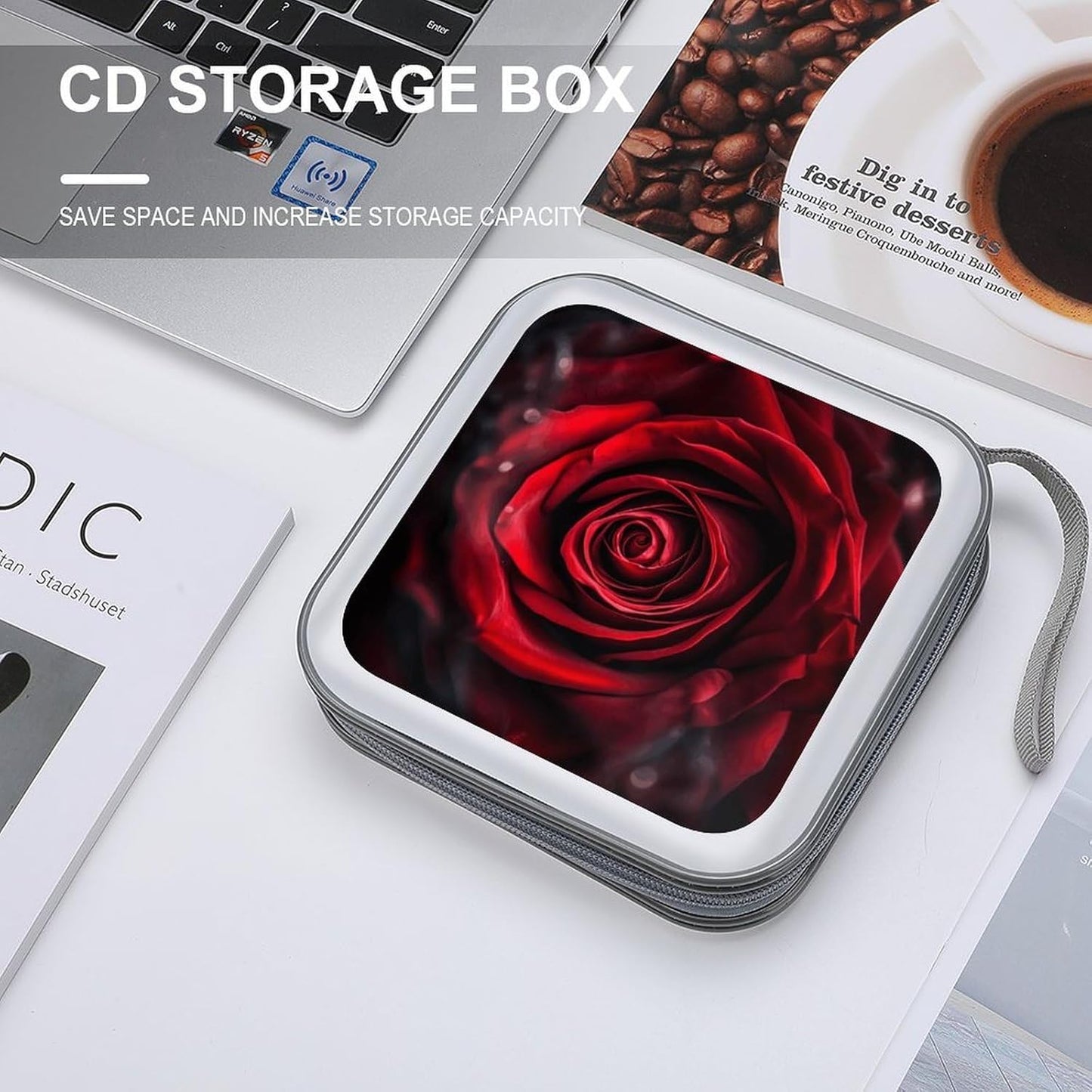 Red Rose Portrait CD Case 40 Capacity Case Zipper CD Collection Bag with Handles Cover DVD Storage Hard Plastic DVD Disc Cases Storage Binder for Car Home Office Travel
