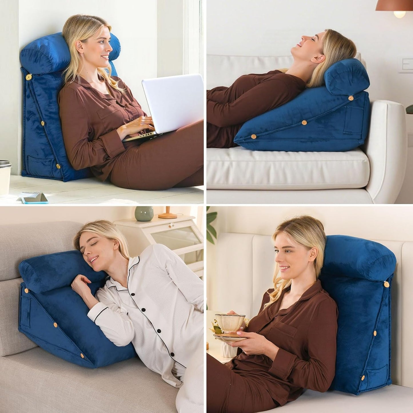 ele ELEOPTION Lumbar Back Support Pillow with Removable Neck Roll Wedge Back Cushion for Bed & Sofa with Side Pocket, Ergonomic Support Pillow for Reading (Navy Blue)