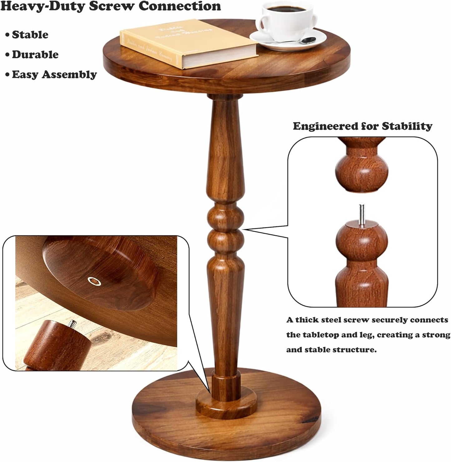 Small Wooden Round Side Table - Accent Nightstand Pedestal Table for Living Room, Bedroom - Compact Coffee Table, Tea Table, Drink Table, End Table for Small Spaces, Corners, Office