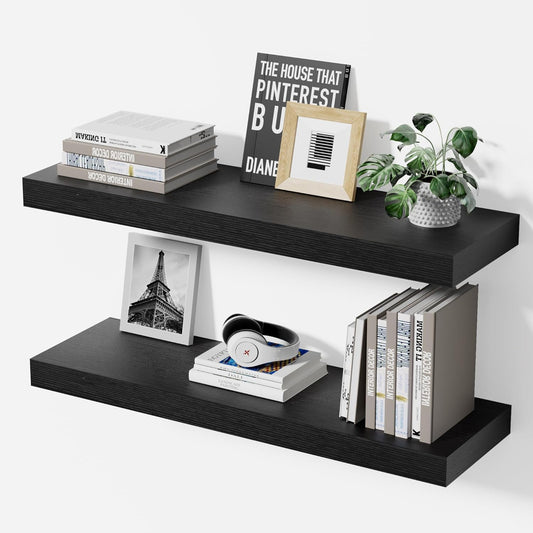 Floating Shelves for Wall 24 Inch (Set of 2), 7.1" Deep Wide Wall Mounted Shelf for Bathroom Organizer Over Toilet, Modern Wood Storage Shelving for Bedroom Kitchen Living Room, Black