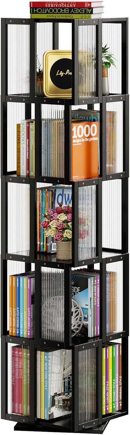 BAMEOS Solid Wood Rotating Bookshelf Tower 5 Tier，360°Storage Spinning Bookcase, Black Cube Corner Bookshelf for Office,Bedroom and Living Room