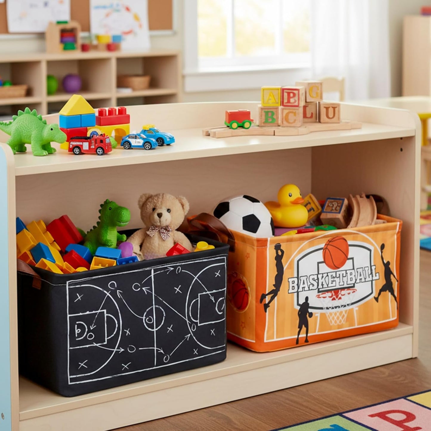 Basketball Storage Basket Bin - 4Pcs Balck Orange Large Fabric Organizer Toy Storage Bins with Handle Waterproof Collapsible Basket Closet Shelf Cloth Container for Nursery Boys Bedroom Home