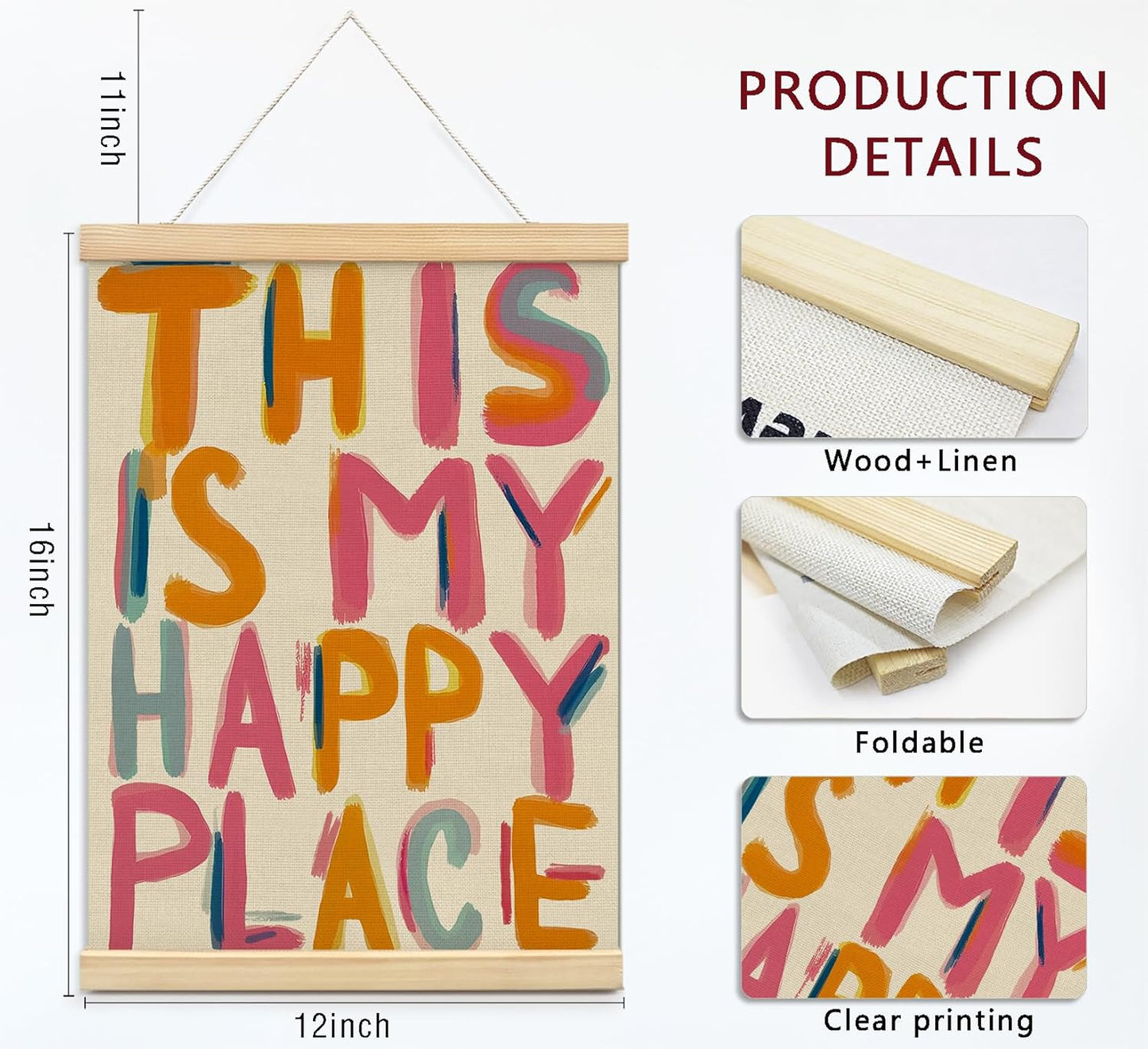 KDHTY Aesthetic Dorm Decor Wall Art Our Happy Place Sign for Nursery Toddler Girls Room Decor,Pink and Orange Wall Art Decor Cute Room Aesthetic Boho Dorm Decor for College Teen Girl,12x16inch