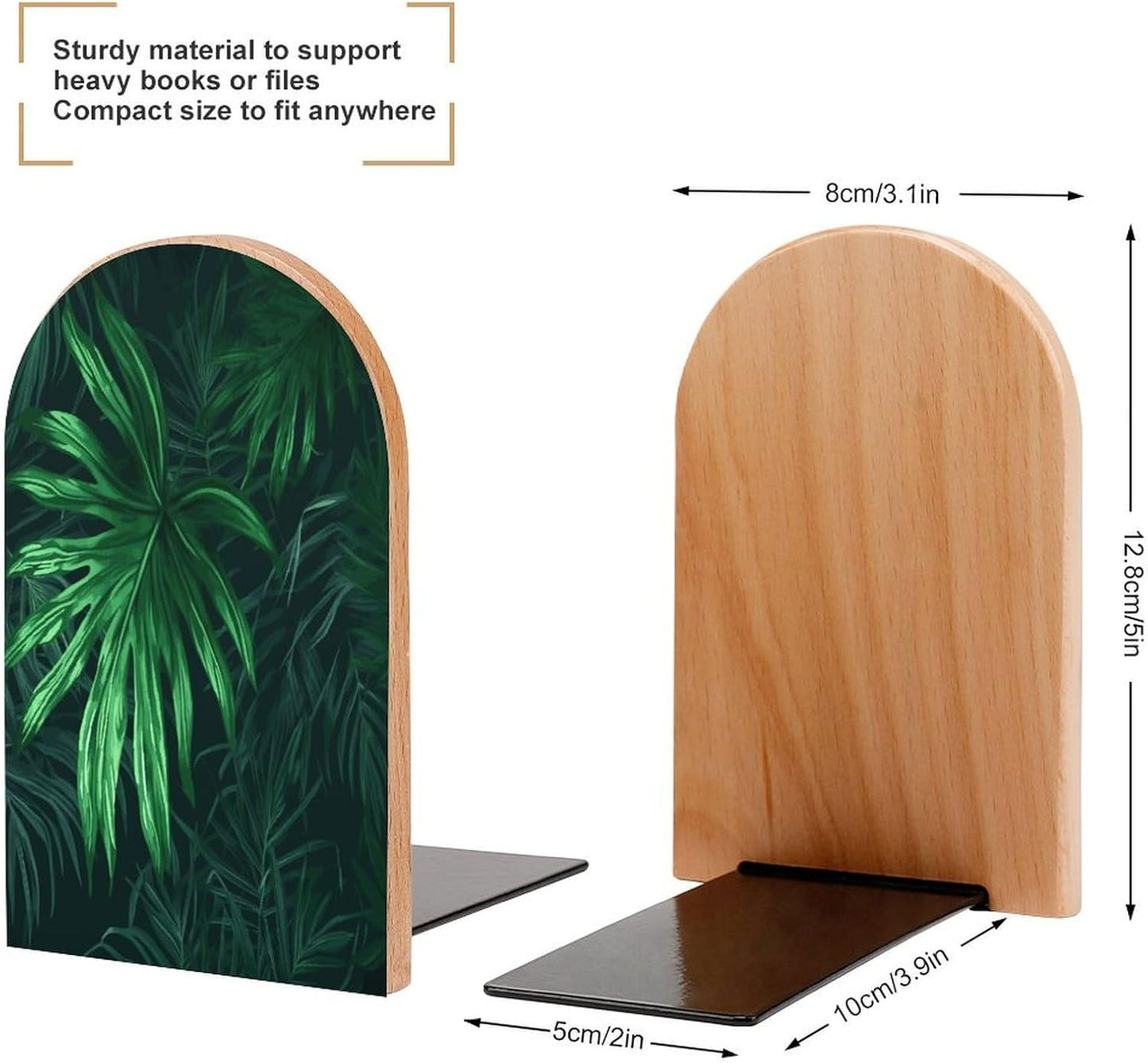 Green Tropical Jungle Plant Bookends 1 Pair Heavy Duty Book Ends for Shelves Non-Skid Bookend Supports Wooden Book Holders with Metal Base Desk Organizers Books Storage to Hold Books