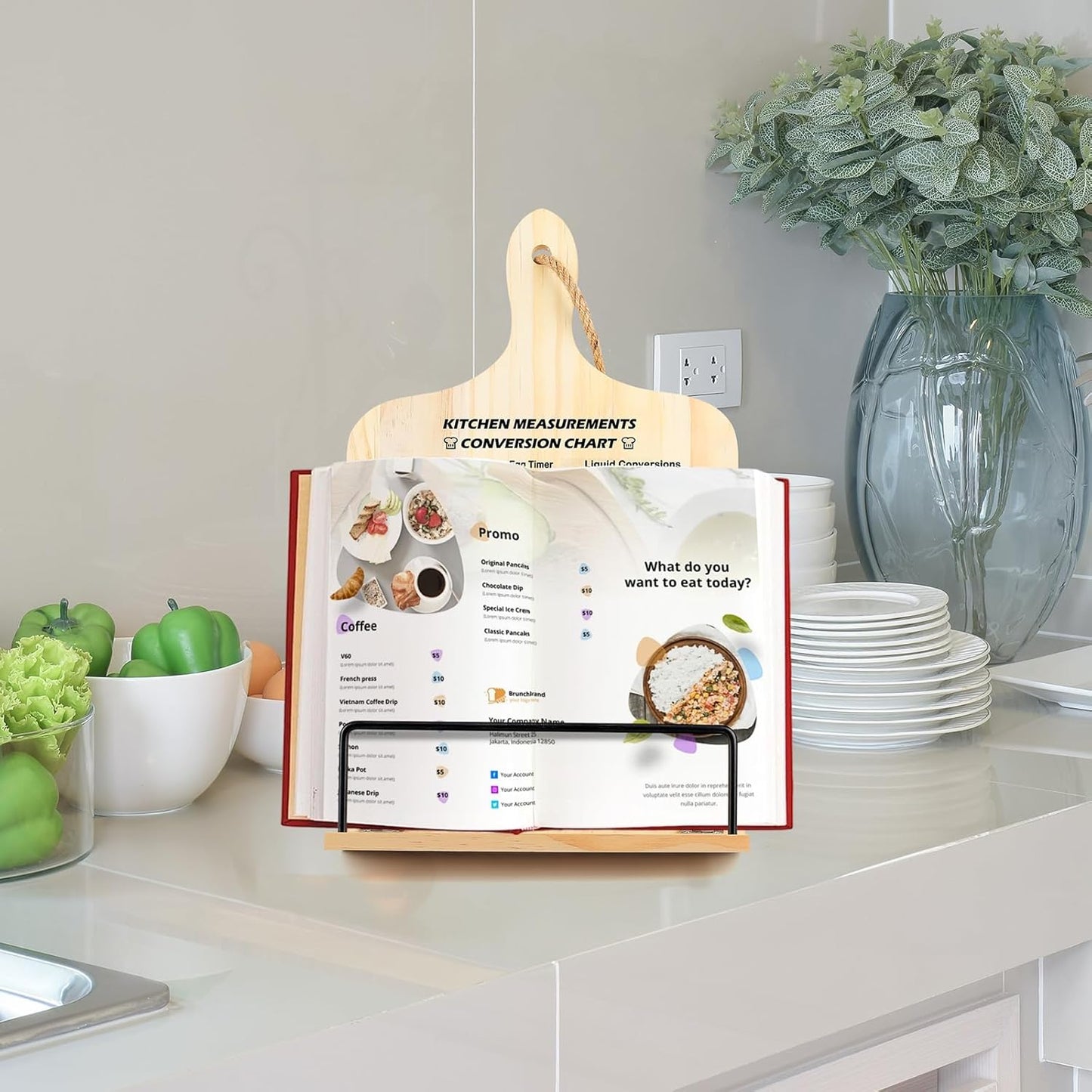 comfoyar Cookbook Stand for Kitchen Counter, Sturdy Recipe Book Holder with Adjustable Angle, Foldable Wood Cook Book Stand Holder with Measurement Conversion Chart for Baking, Easy Storage