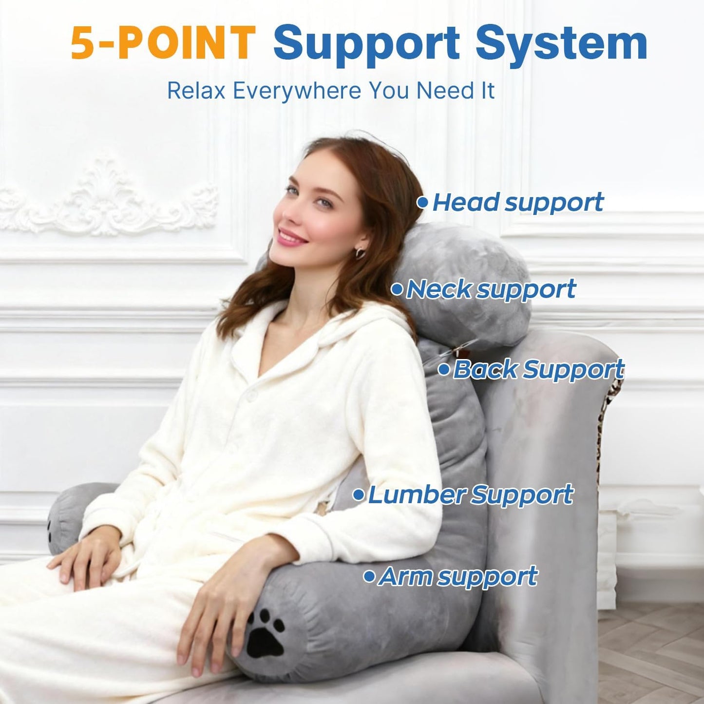 Reading Pillow Plus, Crystal Velvet Back Pillow Bed Sitting Up for Adult & Children, Back Rest Pillow Support for Reading & Rest Bed, Add Height and Removable Pillows, Dorm Essentials, Grey