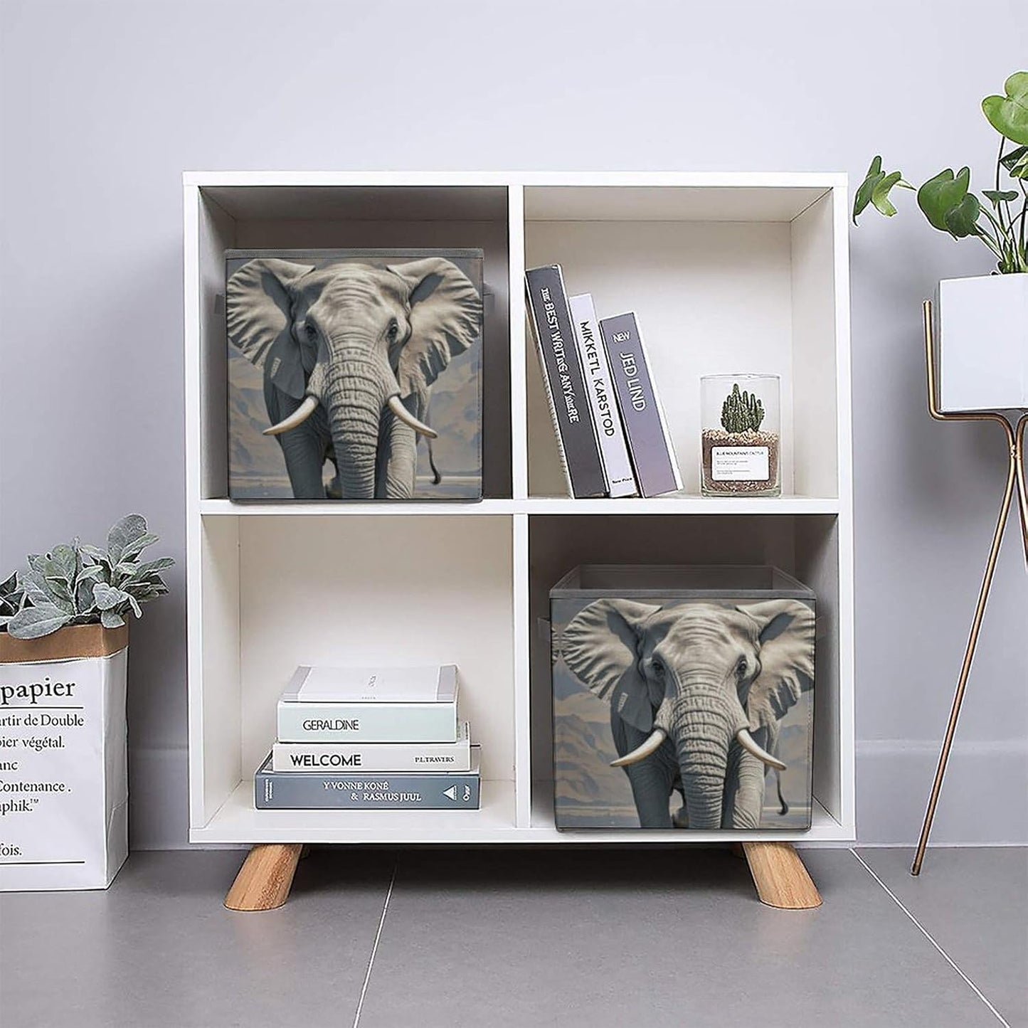 Elephant Pattern Storage Bins with Handles Fashion Large Storage Cubes Sturdy Foldable Storage Boxes Space-Saving Storage Baskets for Home Office Clothes Closet Organizers