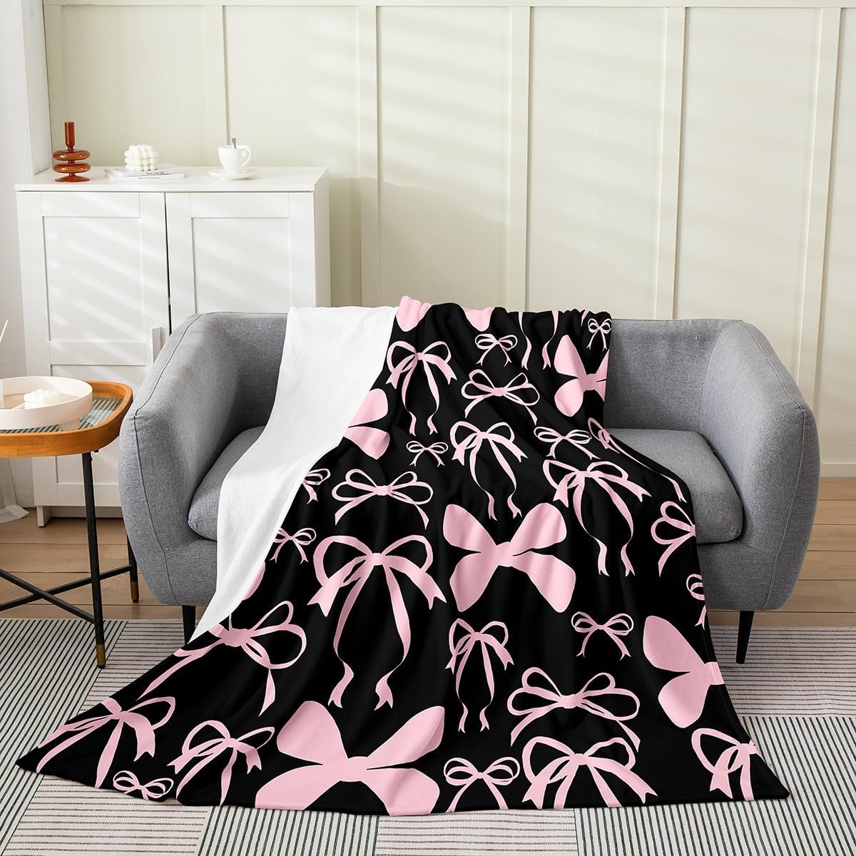 Feelyou Bow All Season Bed Blanket Boys Girls Throw 50"x60" Black Pink Girls Bow Plush Throw Blanket for Kids Women Men Ultra Soft Cute Bowknot Flannel Fleece Blanket Kawaii Bow Blanket
