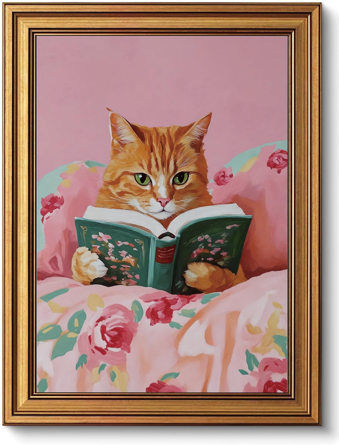 BRUZYIYE Cat Wall Art Vintage Gold Framed Wall Art Cat Pictures Wall Decor Funny Animal Reading Books Paintings Cute Kitten Lovers Aesthetic Canvas Prints for Nursery Girls Room Bedroom Kids Room 12x16in