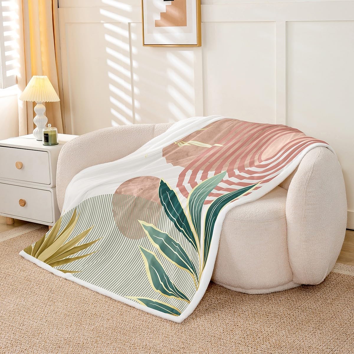 Erosebridal Mid Century Boho Throw Blanket Twin Size Abstract Retro Minimalist Blanket for Girls Women,Modern Bohemian Aesthetic Fleece Blanket Simple Bedroom Decor,Pink Green