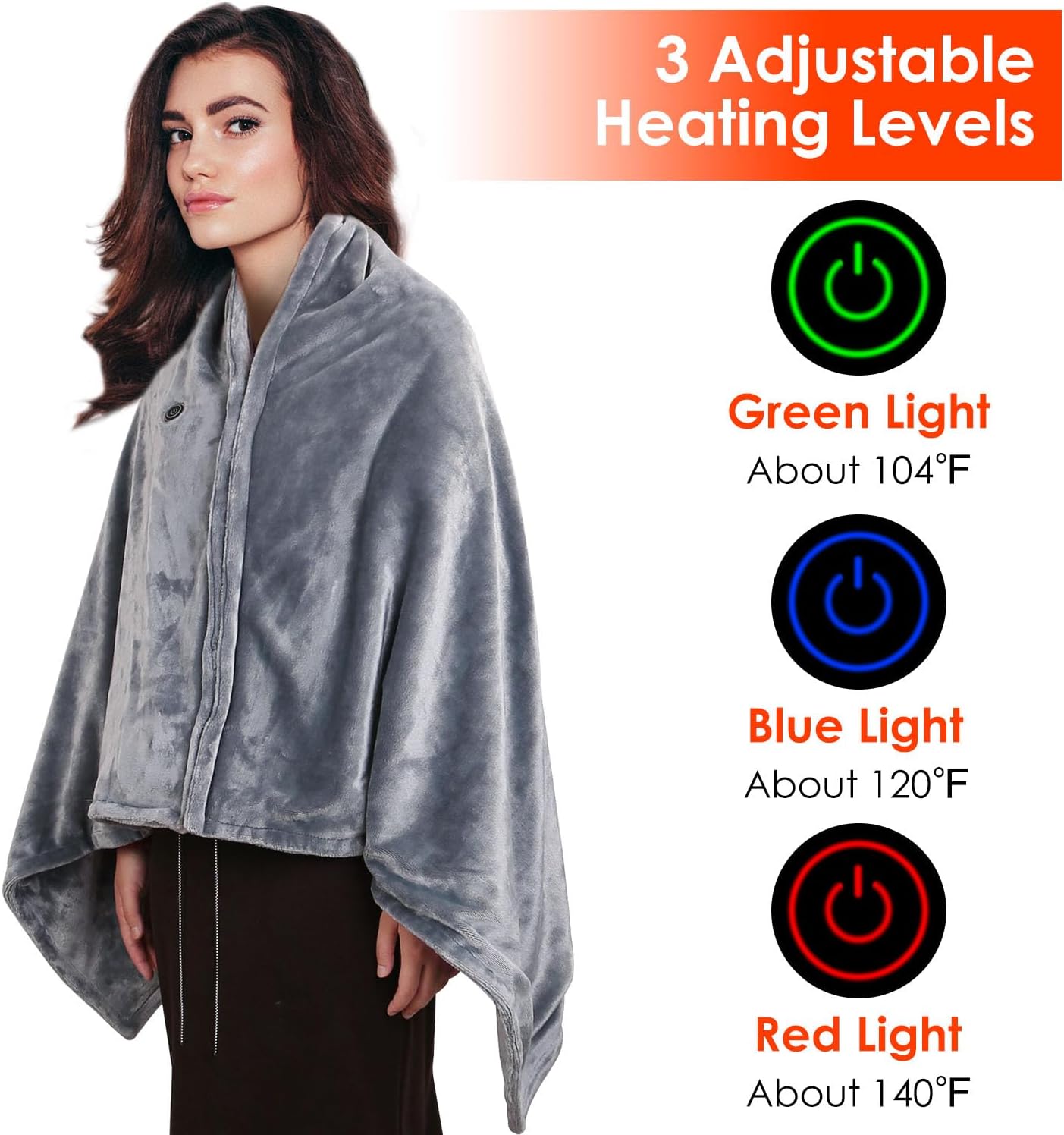 iMounTEK Electric Heated Blanket -59x31 inches USB Heated Blanket Poncho Shawl Wrap Throw with Zipper Poncho Shawl Wrap Throw for Home Office Sofa/Grey