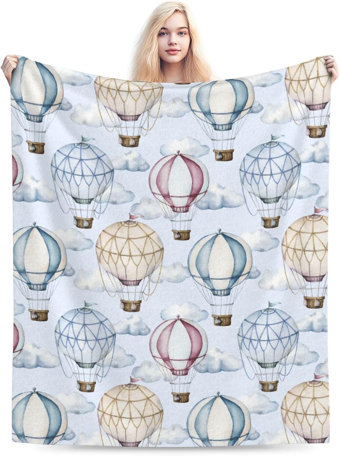 Hot Air Balloons and Clouds Bed Blanket Ultra Soft Throw Blanket All Season Warm Light Weight Cozy Plush Blankets for Home Bedroom Sofa Chair Travel, 50"X40"